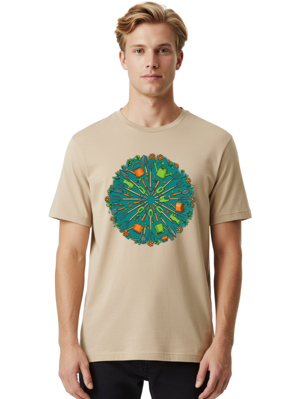 Gardening-Tools-Mandala Men'S Graphic Tee, 100% Cotton, Comfortable Casual Summer Wear, Machine Washable, Gardening Tools, Gardening Equipment, Watering Cans, Rakes, Shovels, Trowels, Gloves, Flower Arrangements, Garden Decor, Bad119