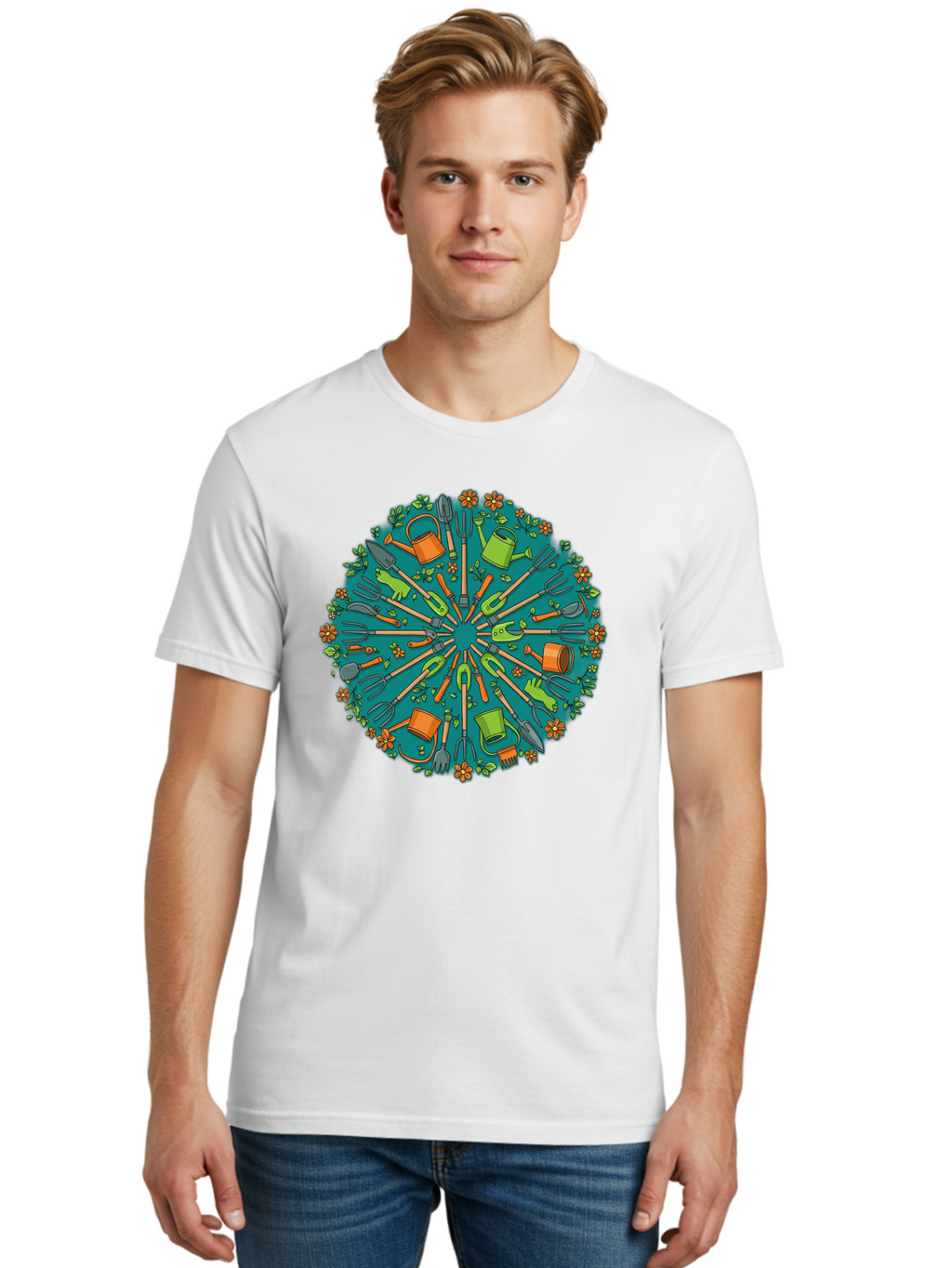 Gardening-Tools-Mandala Men'S Graphic Tee, 100% Cotton, Comfortable Casual Summer Wear, Machine Washable, Gardening Tools, Gardening Equipment, Watering Cans, Rakes, Shovels, Trowels, Gloves, Flower Arrangements, Garden Decor, Bad119