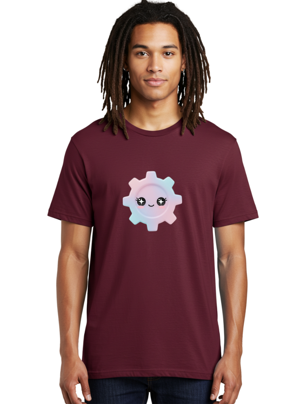 Gear-1 Men'S Graphic Tee, 100% Cotton, Comfortable Casual Summer Wear, Machine Washable, Gear With Cute Face, Pastel Colors, Kawaii Aesthetic, Whimsical Design, Cartoon Gear, Sparkle Eyes, Rosy Cheeks, Cute Machinery, Fun Design Elements, Bad120