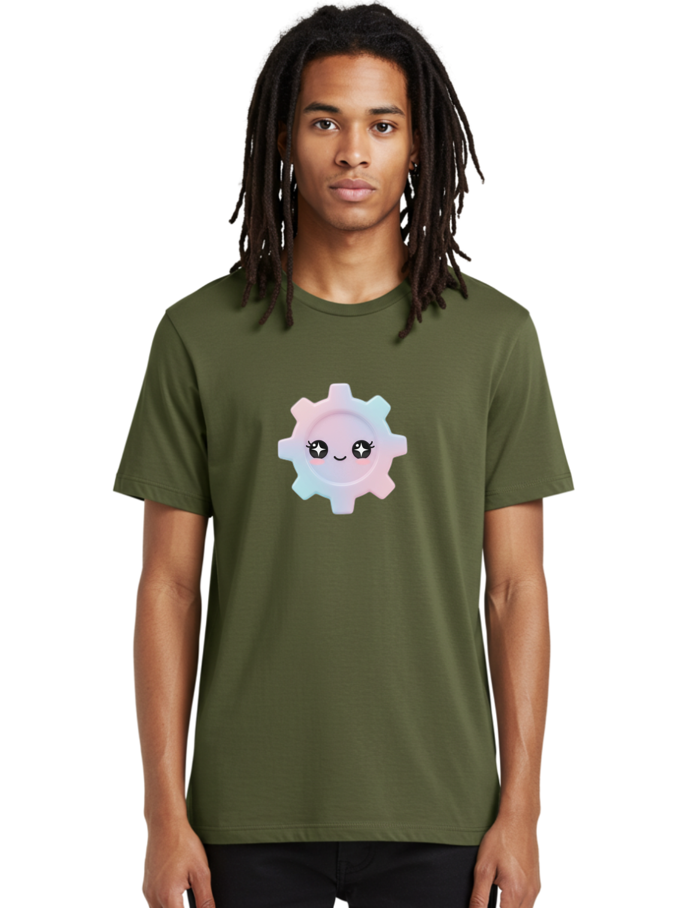 Gear-1 Men'S Graphic Tee, 100% Cotton, Comfortable Casual Summer Wear, Machine Washable, Gear With Cute Face, Pastel Colors, Kawaii Aesthetic, Whimsical Design, Cartoon Gear, Sparkle Eyes, Rosy Cheeks, Cute Machinery, Fun Design Elements, Bad120