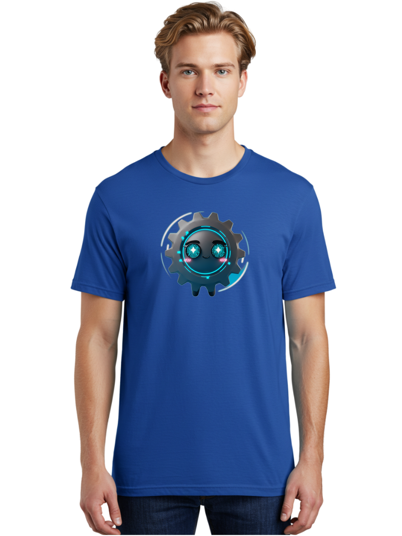 Gear-Character Men'S Graphic Tee, 100% Cotton, Comfortable Casual Summer Wear, Machine Washable, Futuristic Gear, Robotic Character, Mechanical Eyes, Neon Lights, Cybernetic Design, Futuristic Technology, Innovation, Artificial Intelligence, Bad122