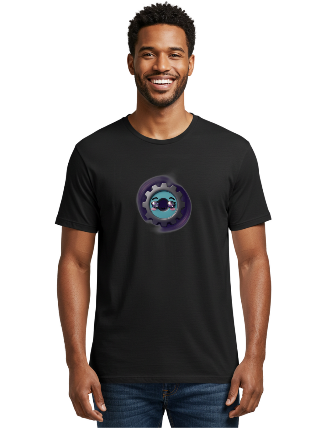 Gear-Emoji Men'S Graphic Tee, 100% Cotton, Comfortable Casual Summer Wear, Machine Washable, Cartoon Gear, Cute Face, Sparkly Eyes, Rosy Cheeks, Mechanical Character, Emotive Expression, Adorable Design, Fun Illustration, Playful Graphics Bad123