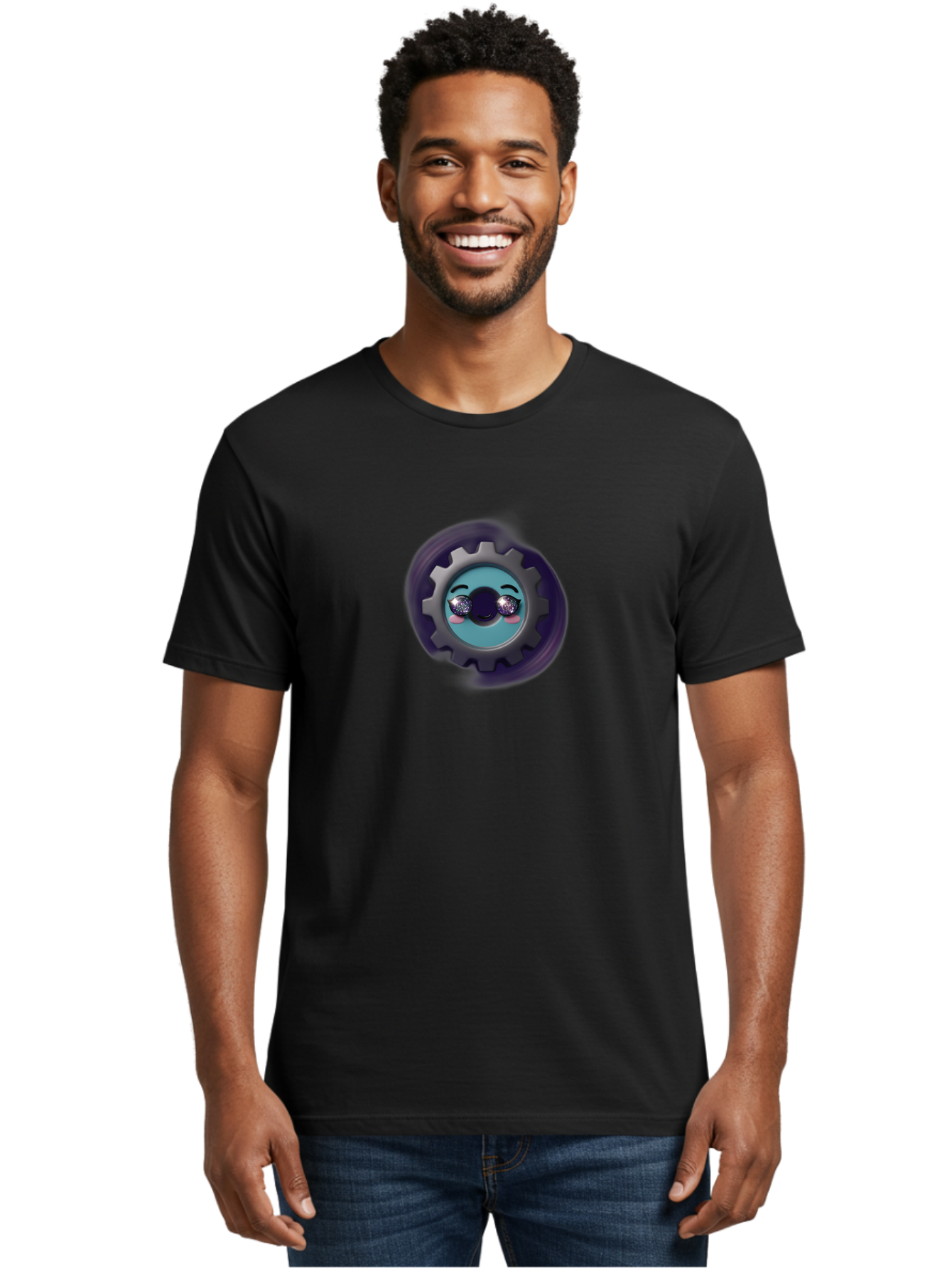 Gear-Emoji Men'S Graphic Tee, 100% Cotton, Comfortable Casual Summer Wear, Machine Washable, Cartoon Gear, Cute Face, Sparkly Eyes, Rosy Cheeks, Mechanical Character, Emotive Expression, Adorable Design, Fun Illustration, Playful Graphics Bad123