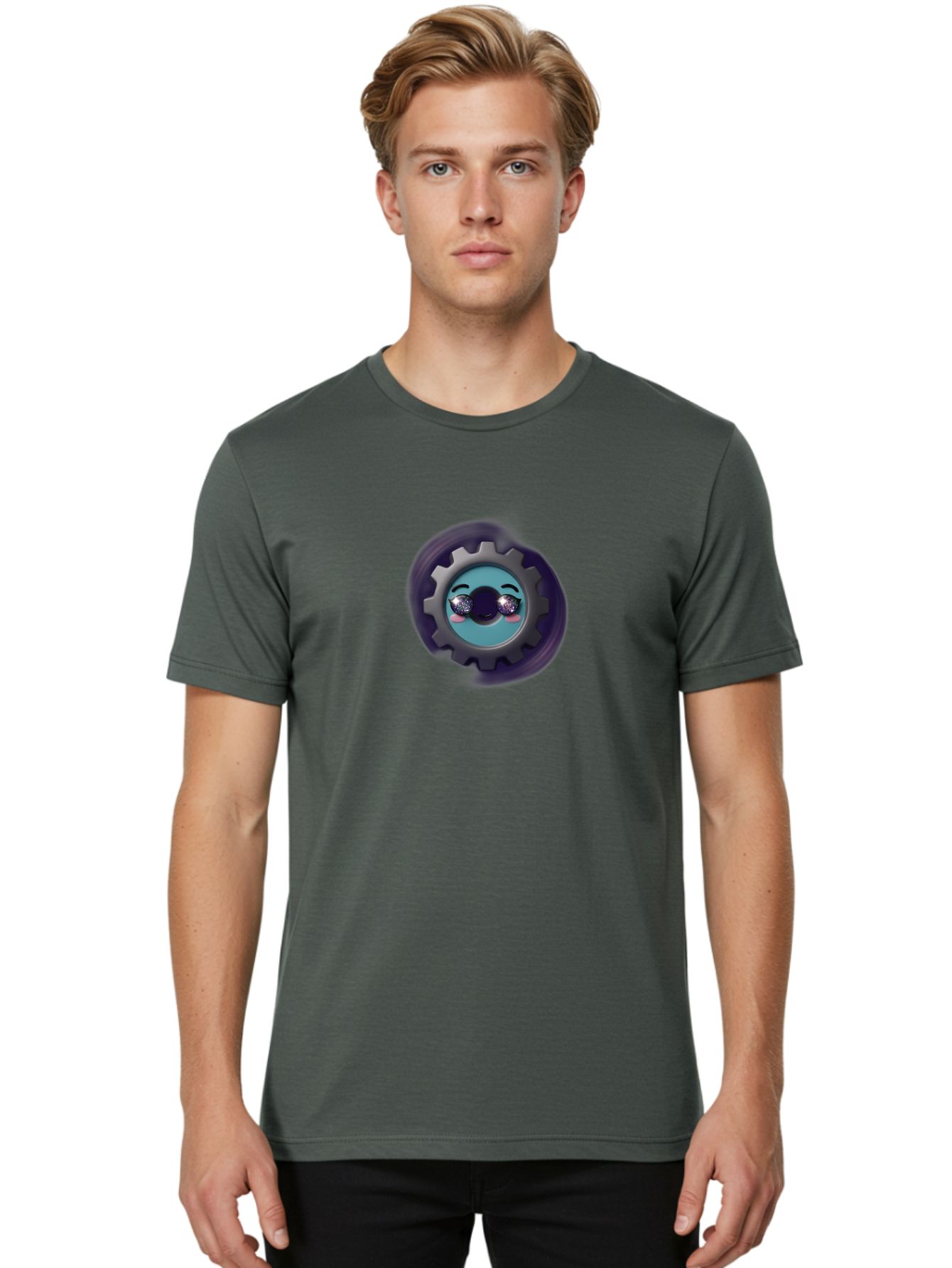 Gear-Emoji Men'S Graphic Tee, 100% Cotton, Comfortable Casual Summer Wear, Machine Washable, Cartoon Gear, Cute Face, Sparkly Eyes, Rosy Cheeks, Mechanical Character, Emotive Expression, Adorable Design, Fun Illustration, Playful Graphics Bad123