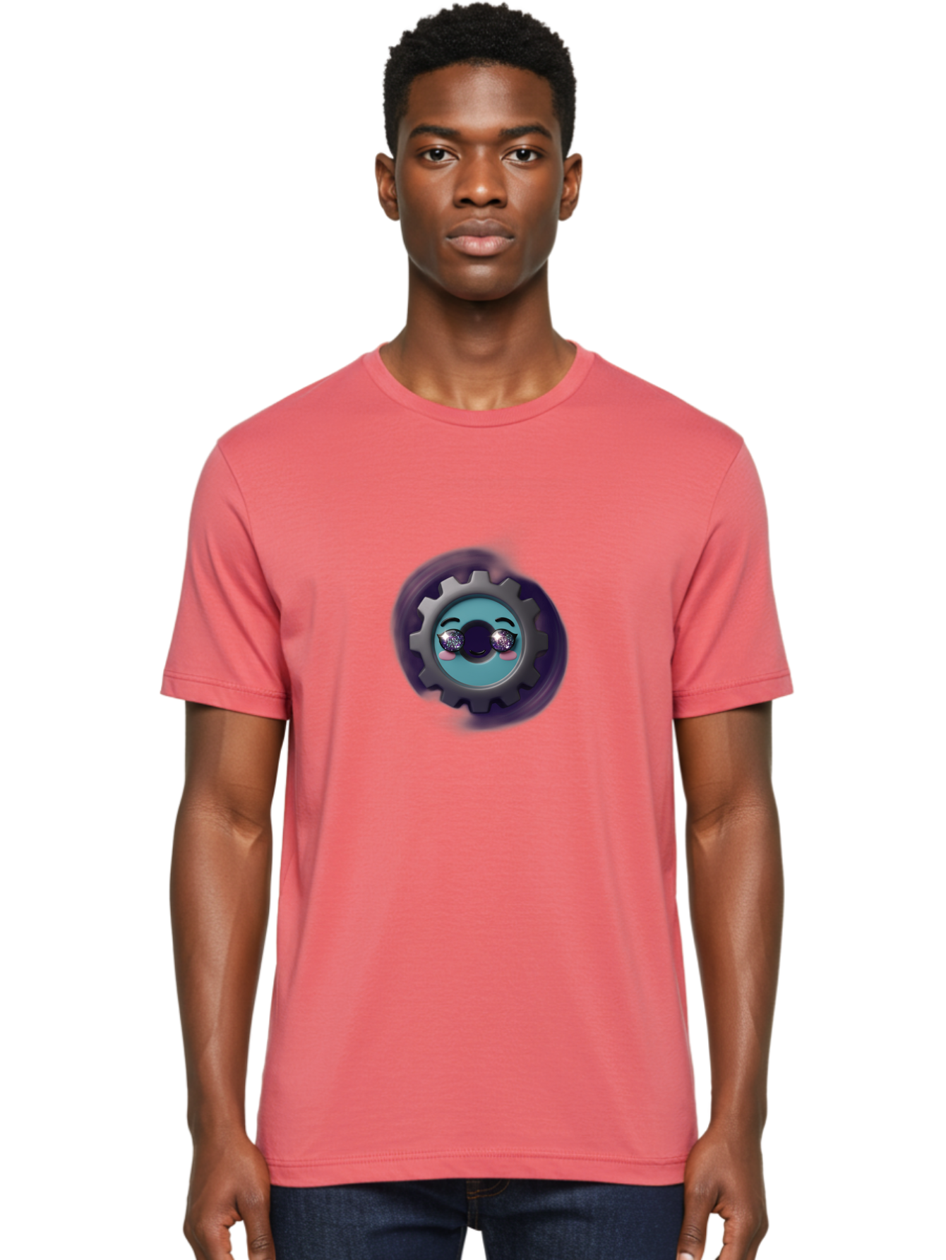 Gear-Emoji Men'S Graphic Tee, 100% Cotton, Comfortable Casual Summer Wear, Machine Washable, Cartoon Gear, Cute Face, Sparkly Eyes, Rosy Cheeks, Mechanical Character, Emotive Expression, Adorable Design, Fun Illustration, Playful Graphics Bad123