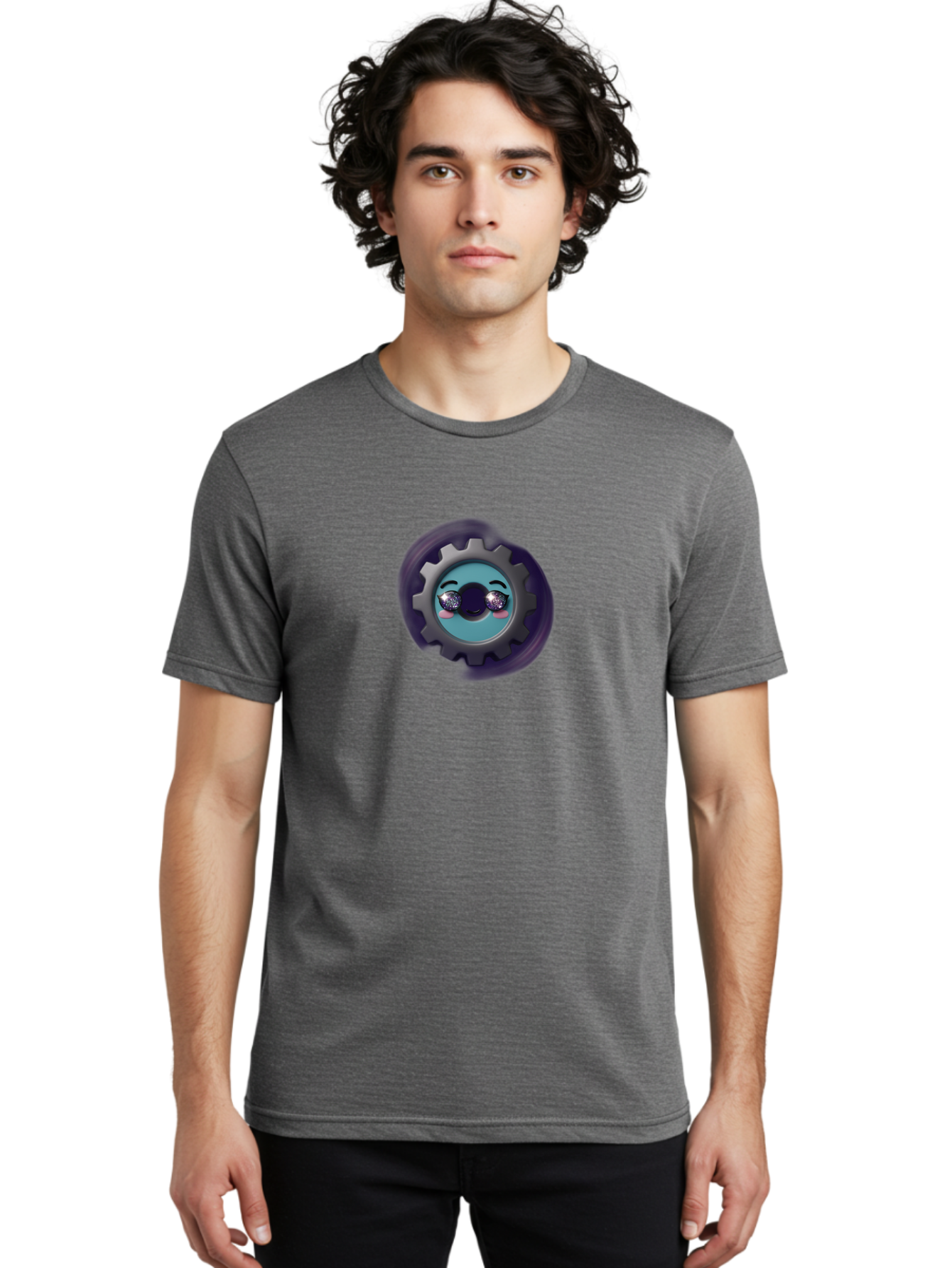 Gear-Emoji Men'S Graphic Tee, 100% Cotton, Comfortable Casual Summer Wear, Machine Washable, Cartoon Gear, Cute Face, Sparkly Eyes, Rosy Cheeks, Mechanical Character, Emotive Expression, Adorable Design, Fun Illustration, Playful Graphics Bad123