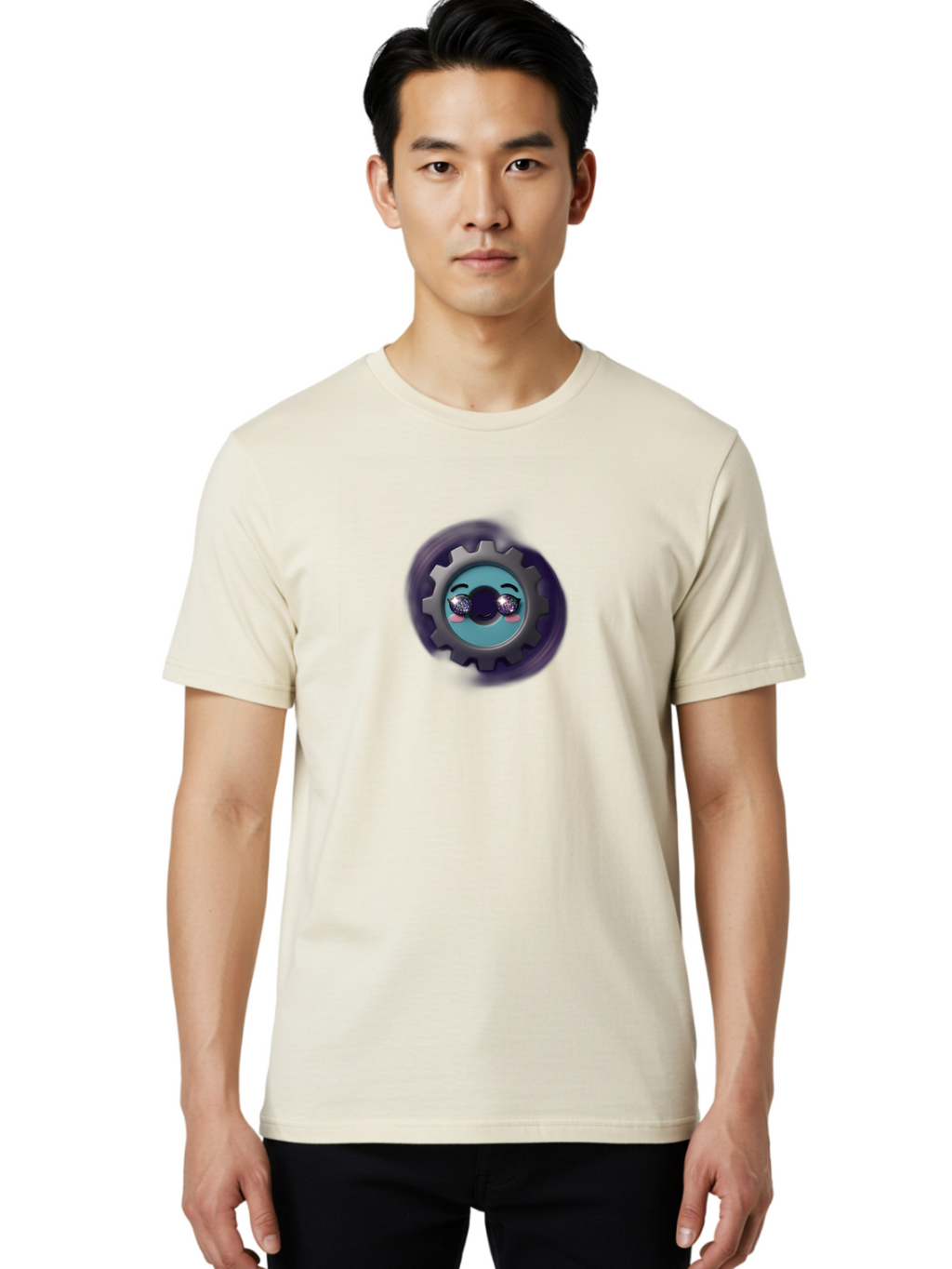 Gear-Emoji Men'S Graphic Tee, 100% Cotton, Comfortable Casual Summer Wear, Machine Washable, Cartoon Gear, Cute Face, Sparkly Eyes, Rosy Cheeks, Mechanical Character, Emotive Expression, Adorable Design, Fun Illustration, Playful Graphics Bad123