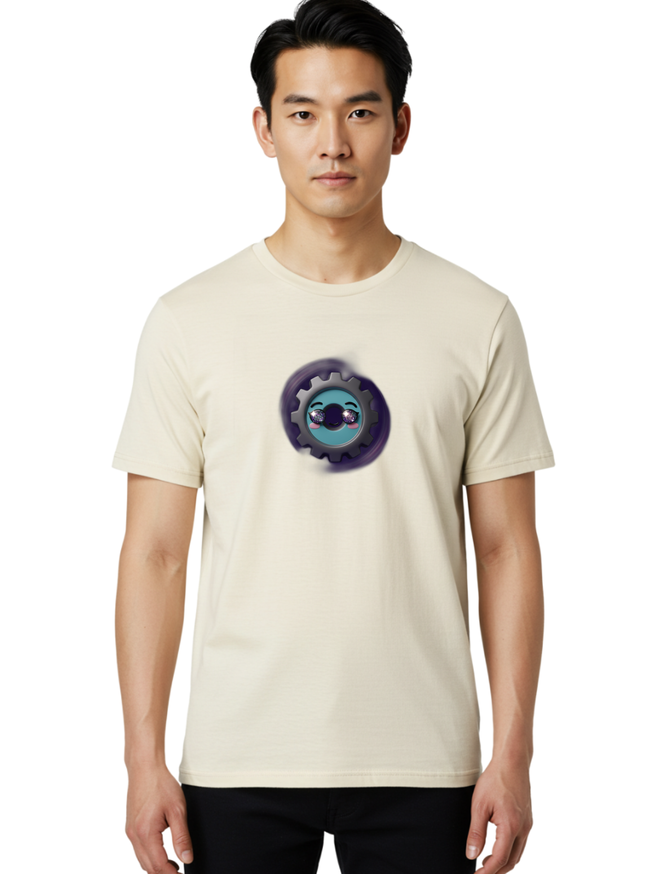 Gear-Emoji Men'S Graphic Tee, 100% Cotton, Comfortable Casual Summer Wear, Machine Washable, Cartoon Gear, Cute Face, Sparkly Eyes, Rosy Cheeks, Mechanical Character, Emotive Expression, Adorable Design, Fun Illustration, Playful Graphics Bad123
