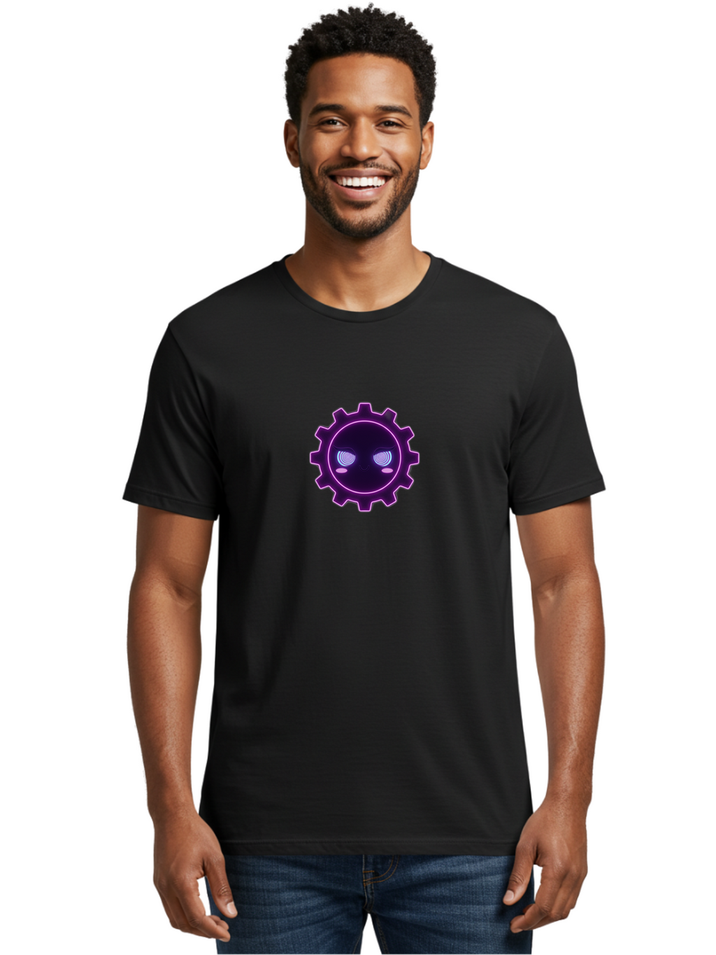 Gear-Face Men'S Graphic Tee, 100% Cotton, Comfortable Casual Summer Wear, Machine Washable, Purple Gear Icon, Futuristic Design, Neon Lights, Cyberpunk Theme, Machinery Symbol, Glowing Eyes, Tech Graphics, Digital Artwork, Mechanical Element Bad124