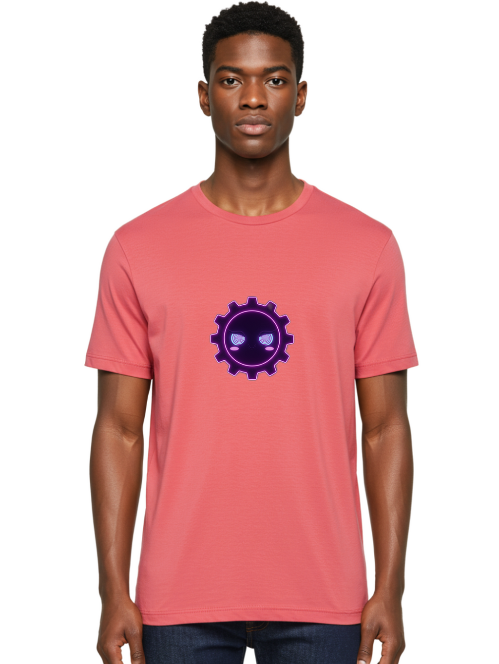 Gear-Face Men'S Graphic Tee, 100% Cotton, Comfortable Casual Summer Wear, Machine Washable, Purple Gear Icon, Futuristic Design, Neon Lights, Cyberpunk Theme, Machinery Symbol, Glowing Eyes, Tech Graphics, Digital Artwork, Mechanical Element Bad124