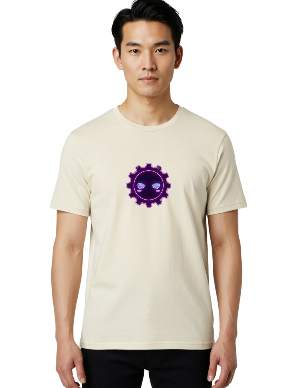 Gear-Face Men'S Graphic Tee, 100% Cotton, Comfortable Casual Summer Wear, Machine Washable, Purple Gear Icon, Futuristic Design, Neon Lights, Cyberpunk Theme, Machinery Symbol, Glowing Eyes, Tech Graphics, Digital Artwork, Mechanical Element Bad124