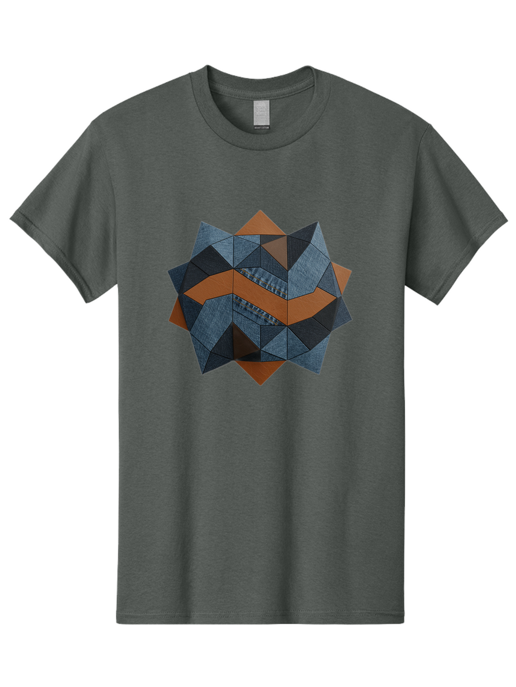 Geometric-Denim-Star Men'S Graphic Tee, 100% Cotton, Comfortable Casual Summer Wear, Machine Washable, Geometric Pattern, Denim Fabric, Abstract Design, Mixed Media Art, Layered Shapes, Blue Denim, Brown Accents, Intricate Details, Bad128