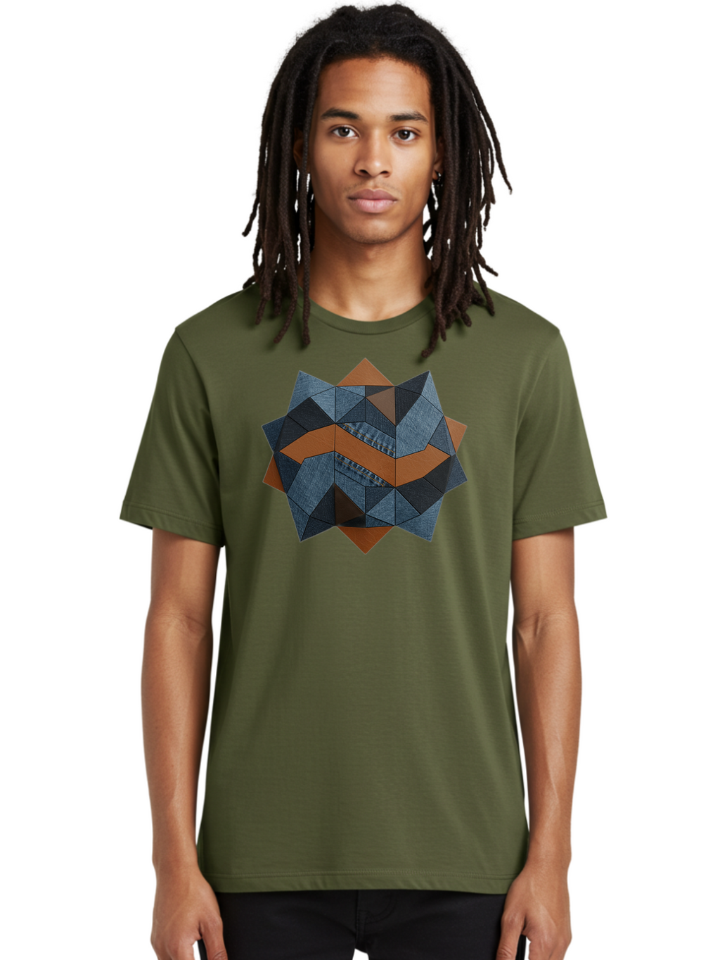 Geometric-Denim-Star Men'S Graphic Tee, 100% Cotton, Comfortable Casual Summer Wear, Machine Washable, Geometric Pattern, Denim Fabric, Abstract Design, Mixed Media Art, Layered Shapes, Blue Denim, Brown Accents, Intricate Details, Bad128