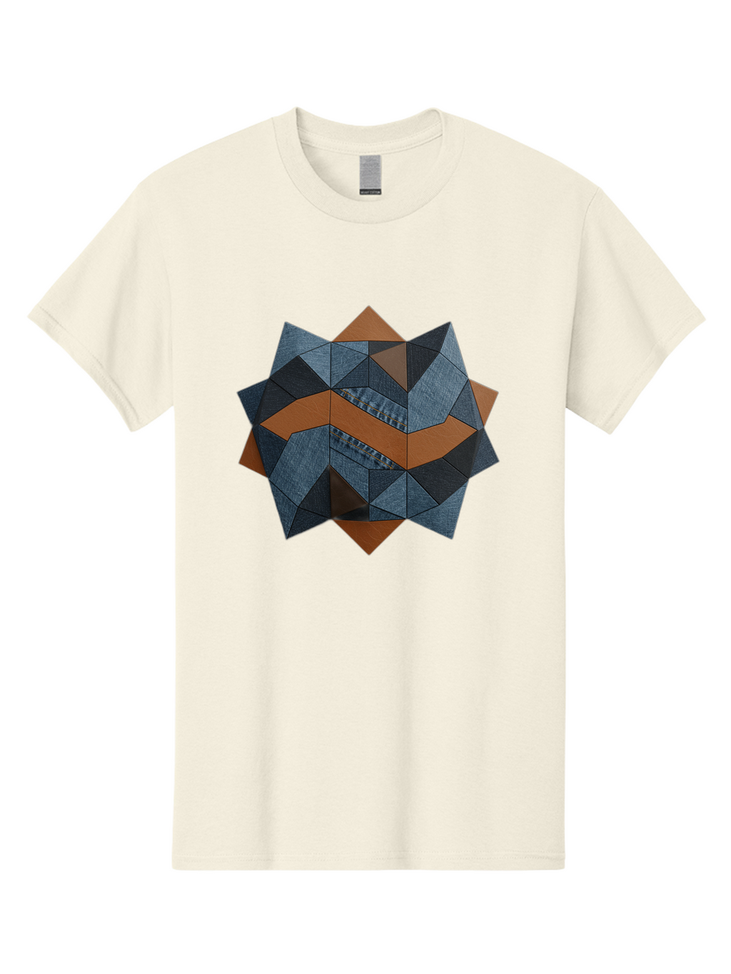 Geometric-Denim-Star Men'S Graphic Tee, 100% Cotton, Comfortable Casual Summer Wear, Machine Washable, Geometric Pattern, Denim Fabric, Abstract Design, Mixed Media Art, Layered Shapes, Blue Denim, Brown Accents, Intricate Details, Bad128