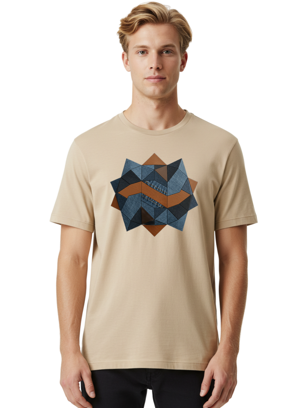 Geometric-Denim-Star Men'S Graphic Tee, 100% Cotton, Comfortable Casual Summer Wear, Machine Washable, Geometric Pattern, Denim Fabric, Abstract Design, Mixed Media Art, Layered Shapes, Blue Denim, Brown Accents, Intricate Details, Bad128
