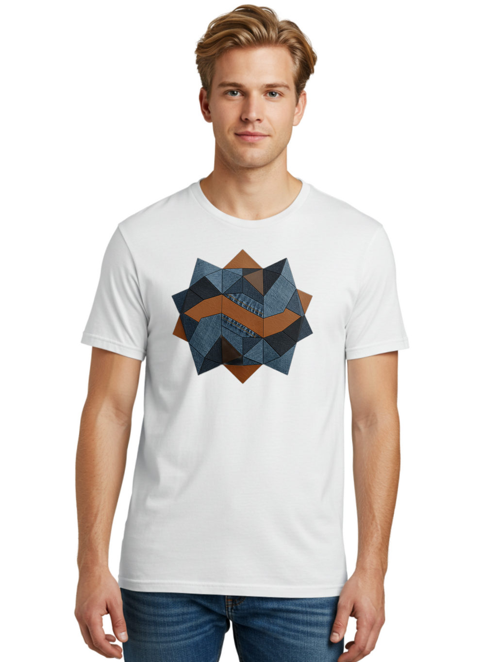 Geometric-Denim-Star Men'S Graphic Tee, 100% Cotton, Comfortable Casual Summer Wear, Machine Washable, Geometric Pattern, Denim Fabric, Abstract Design, Mixed Media Art, Layered Shapes, Blue Denim, Brown Accents, Intricate Details, Bad128