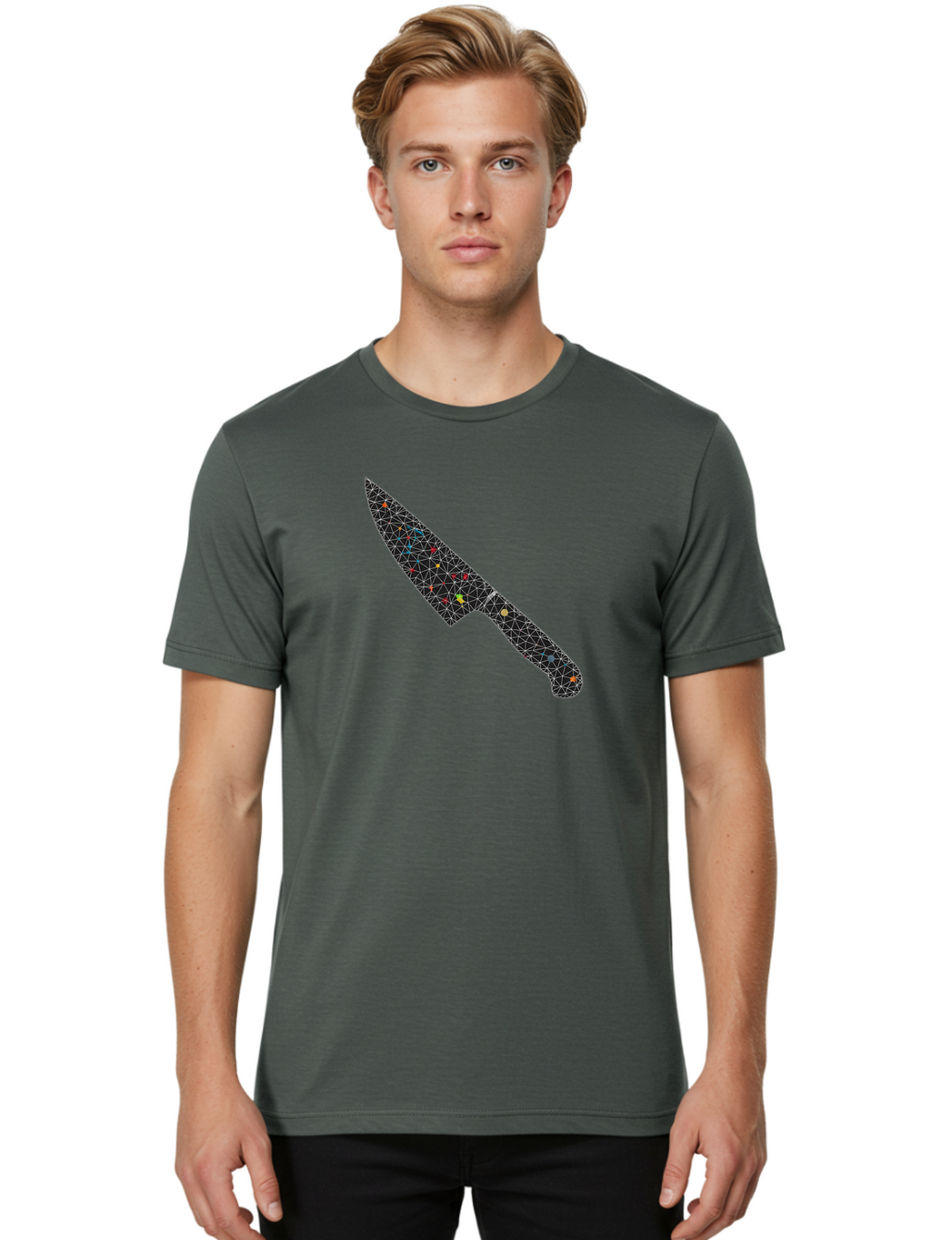 Geometric-Knife Men'S Graphic Tee, 100% Cotton, Comfortable Casual Summer Wear, Machine Washable, Low Poly Knife, Geometric Pattern, 3D Design, Colorful Accents, Modern Style, Abstract Art, Futuristic Look, Sharp Edge, Digital Illustration Bad129