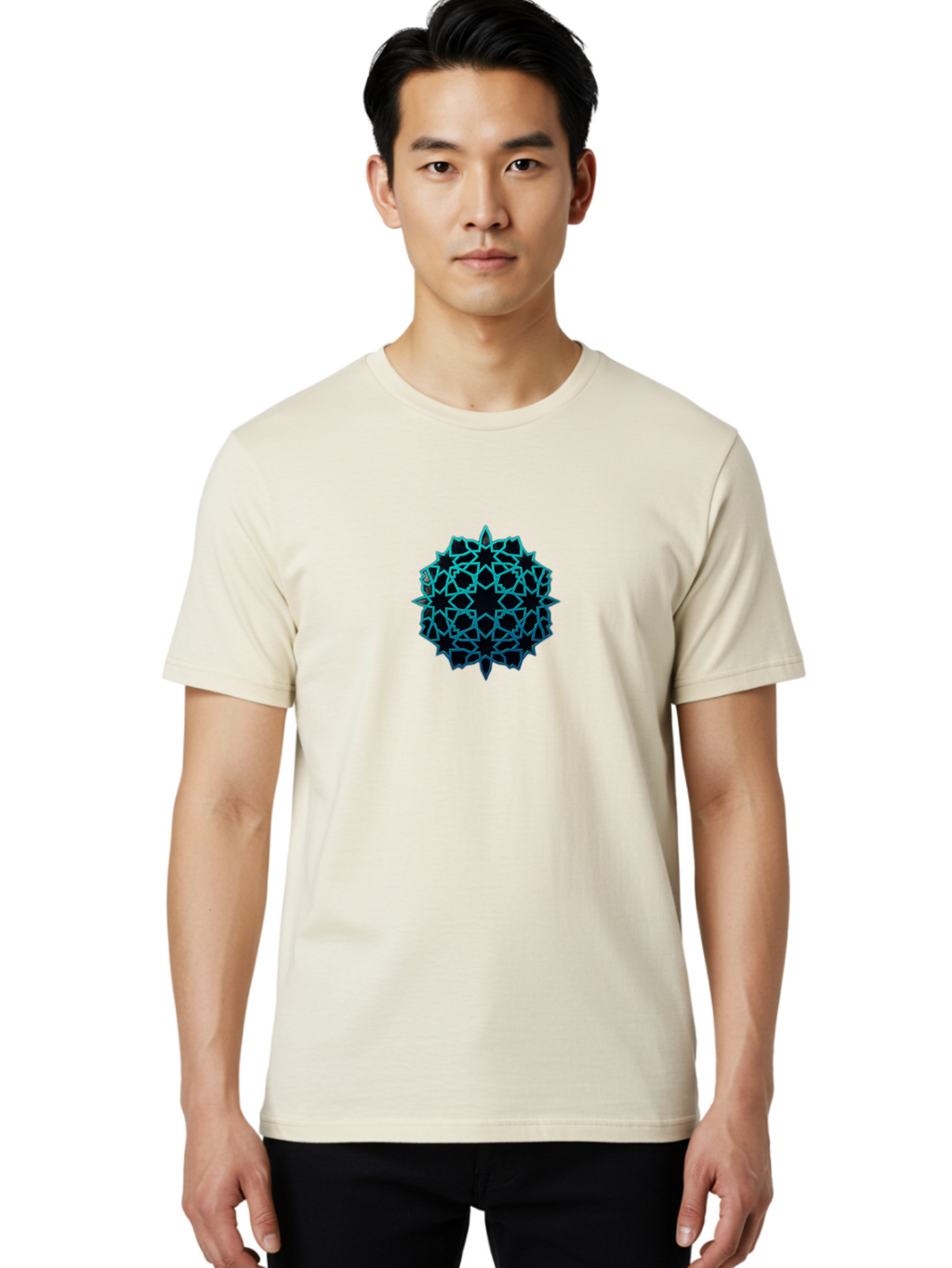Geometric-Pattern Men'S Graphic Tee, 100% Cotton, Comfortable Casual Summer Wear, Machine Washable, Geometric Pattern, Intricate Design, Arabesque, Turquoise And Black, Symmetrical Shapes, Ornate Details, Abstract Art, Modern Decor Bad130