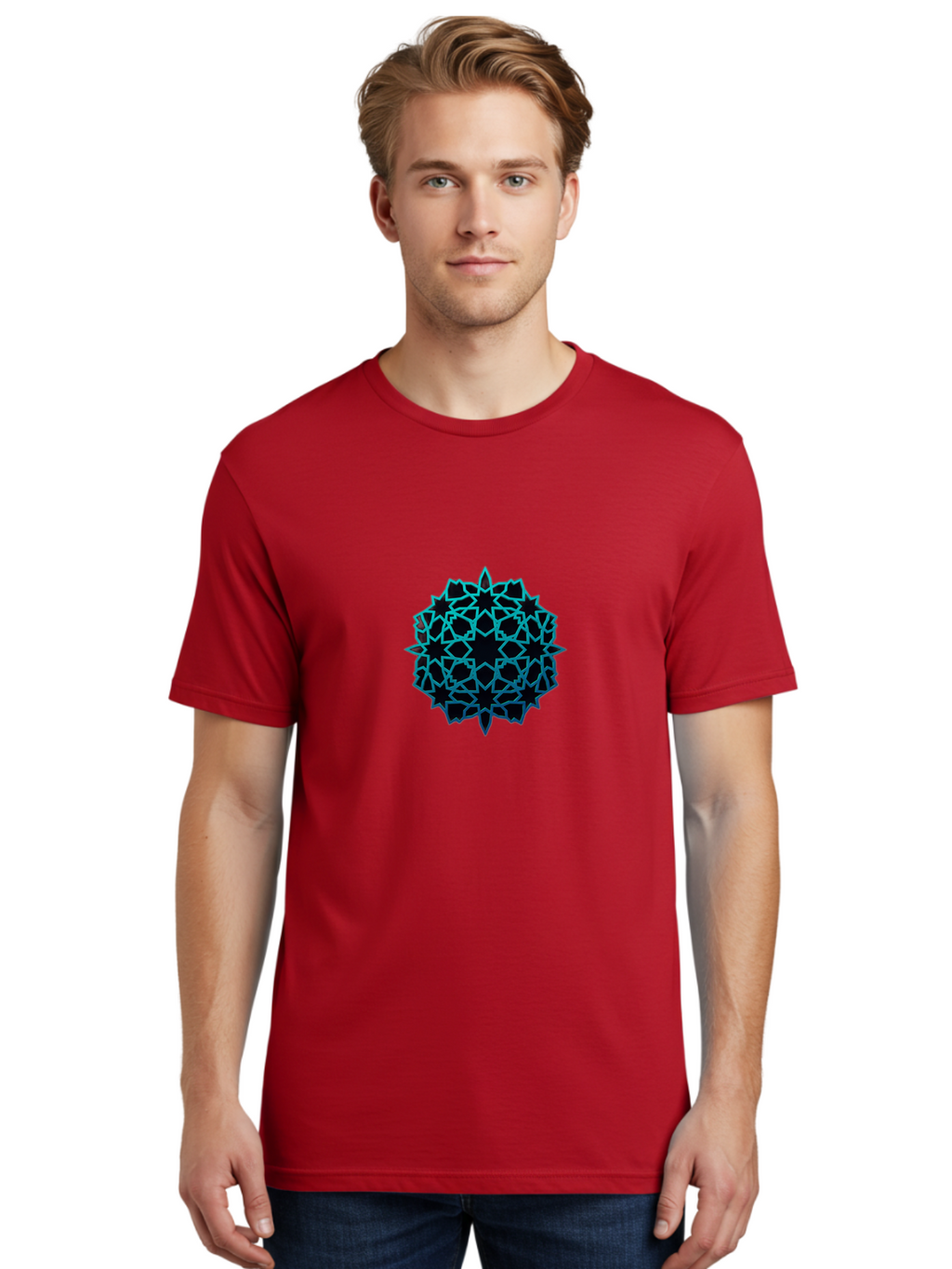 Geometric-Pattern Men'S Graphic Tee, 100% Cotton, Comfortable Casual Summer Wear, Machine Washable, Geometric Pattern, Intricate Design, Arabesque, Turquoise And Black, Symmetrical Shapes, Ornate Details, Abstract Art, Modern Decor Bad130