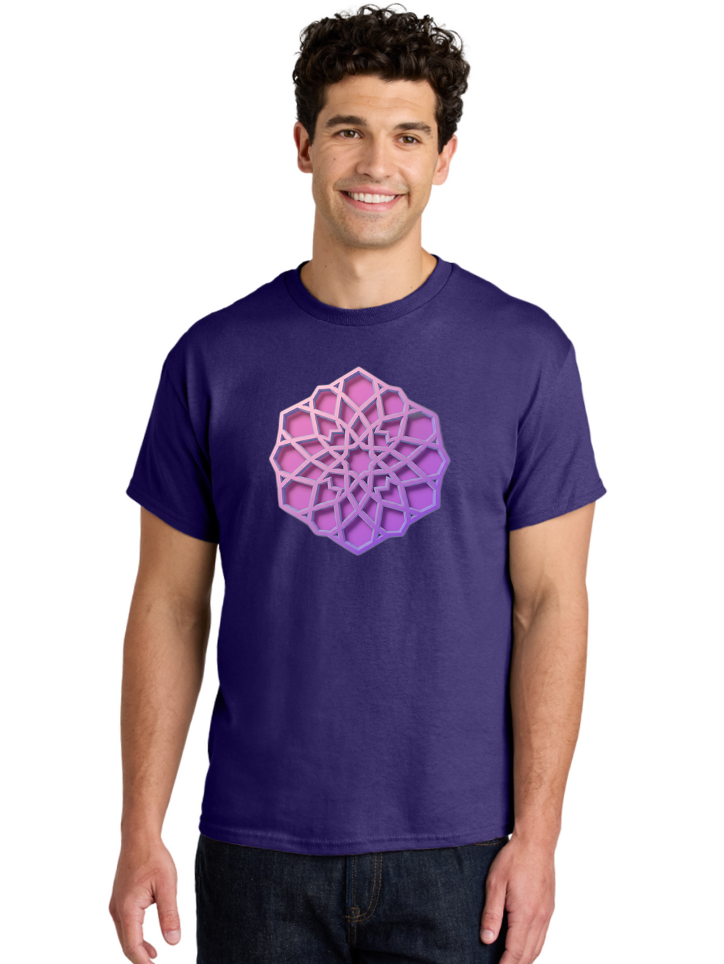 Geometric-Shape Men'S Graphic Tee, 100% Cotton, Comfortable Casual Summer Wear, Machine Washable, Geometric Shape, 3D Design, Pink And Purple Gradations, Intricate Patterns, Abstract Art, Layered Structures, Digital Rendering, Bad131