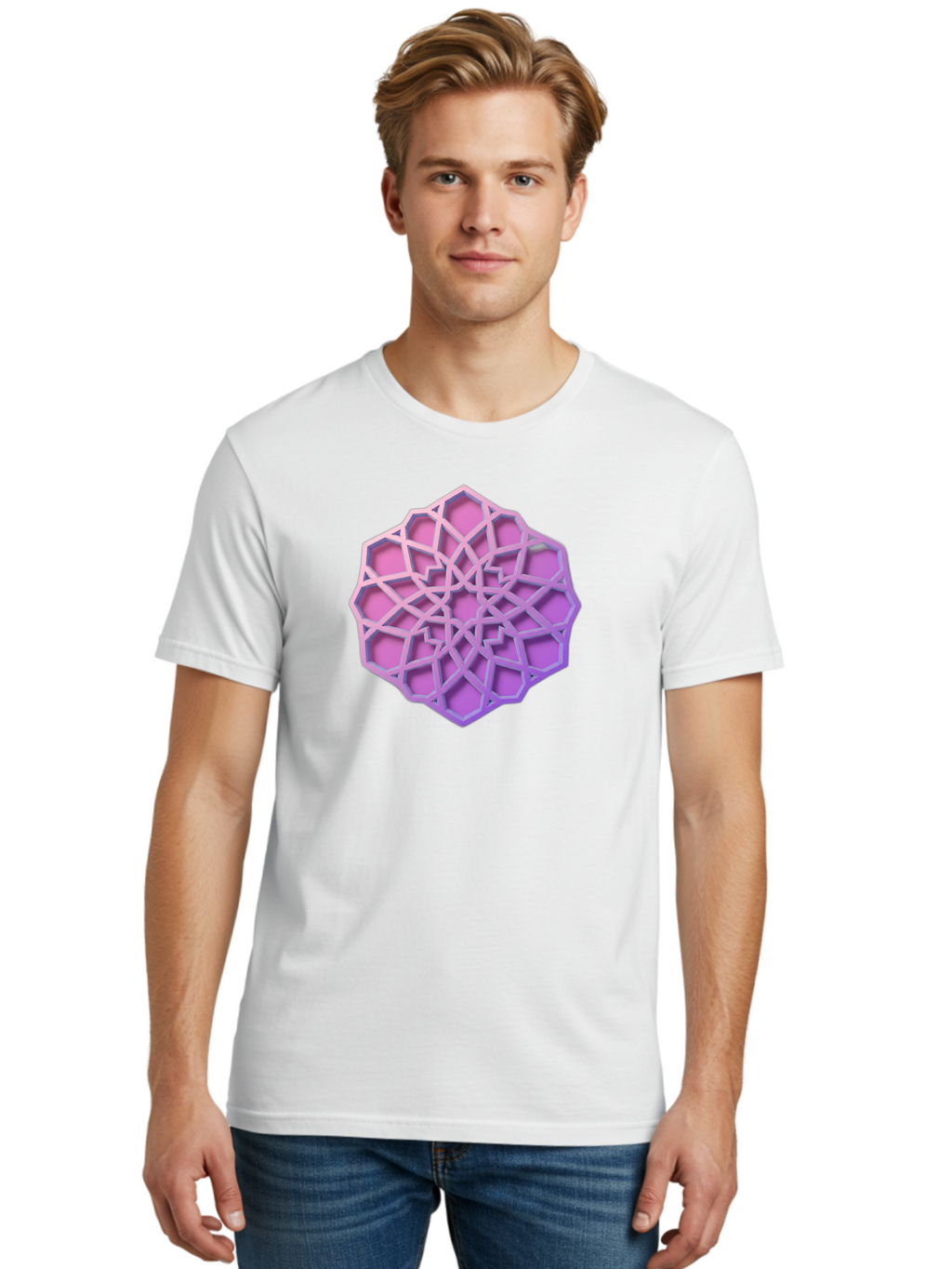 Geometric-Shape Men'S Graphic Tee, 100% Cotton, Comfortable Casual Summer Wear, Machine Washable, Geometric Shape, 3D Design, Pink And Purple Gradations, Intricate Patterns, Abstract Art, Layered Structures, Digital Rendering, Bad131