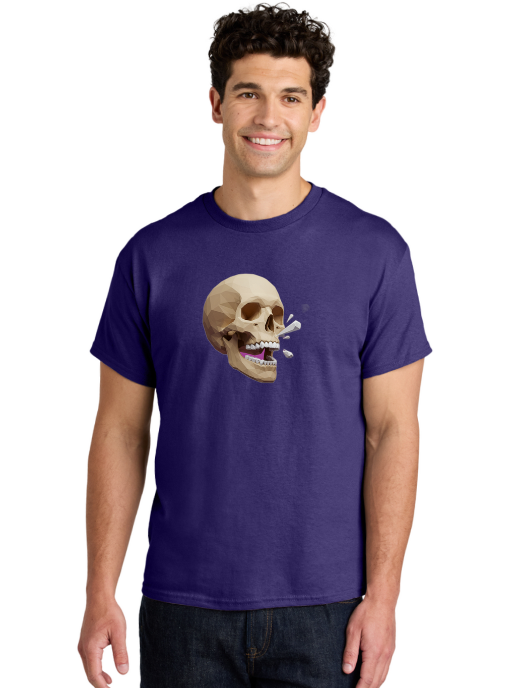 Geometric-Skull Men'S Graphic Tee, 100% Cotton, Comfortable Casual Summer Wear, Machine Washable, Low Poly Skull, 3D Art, Digital Illustration, Broken Tooth, Exploding Tooth, Human Skull, Anatomical Art, Polygon Art, Modern Design, Bad132