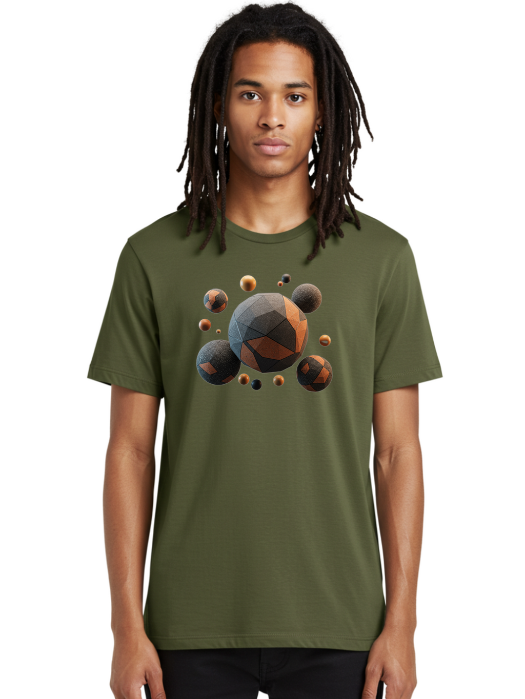 Geometric-Spheres Men'S Graphic Tee, 100% Cotton, Comfortable Casual Summer Wear, Machine Washable, Geometric Shapes, 3D Rendering, Abstract Art, Spherical Forms, Dark Grey And Orange Hues, Futuristic Design, Modern Aesthetic, Bad133