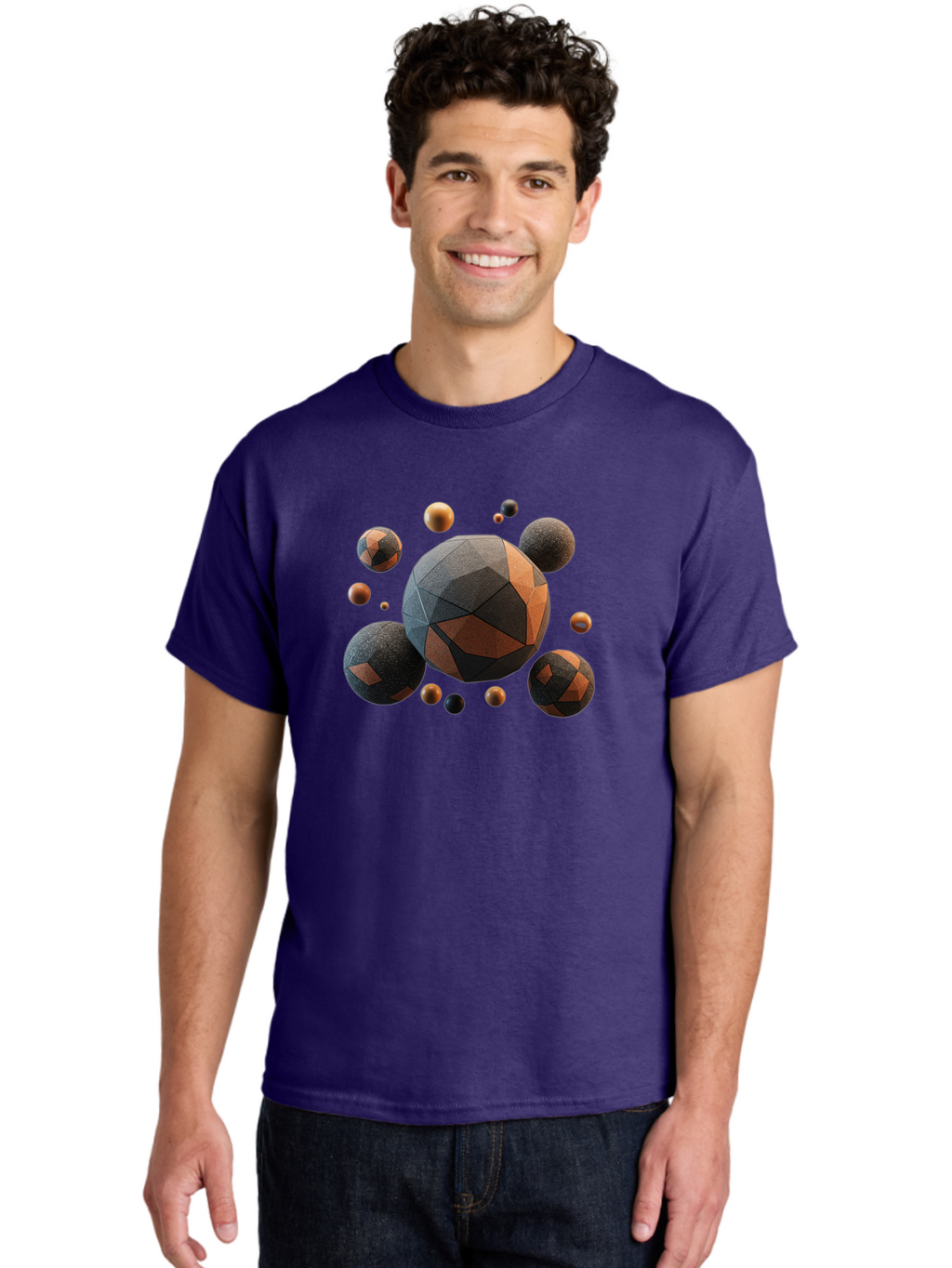 Geometric-Spheres Men'S Graphic Tee, 100% Cotton, Comfortable Casual Summer Wear, Machine Washable, Geometric Shapes, 3D Rendering, Abstract Art, Spherical Forms, Dark Grey And Orange Hues, Futuristic Design, Modern Aesthetic, Bad133