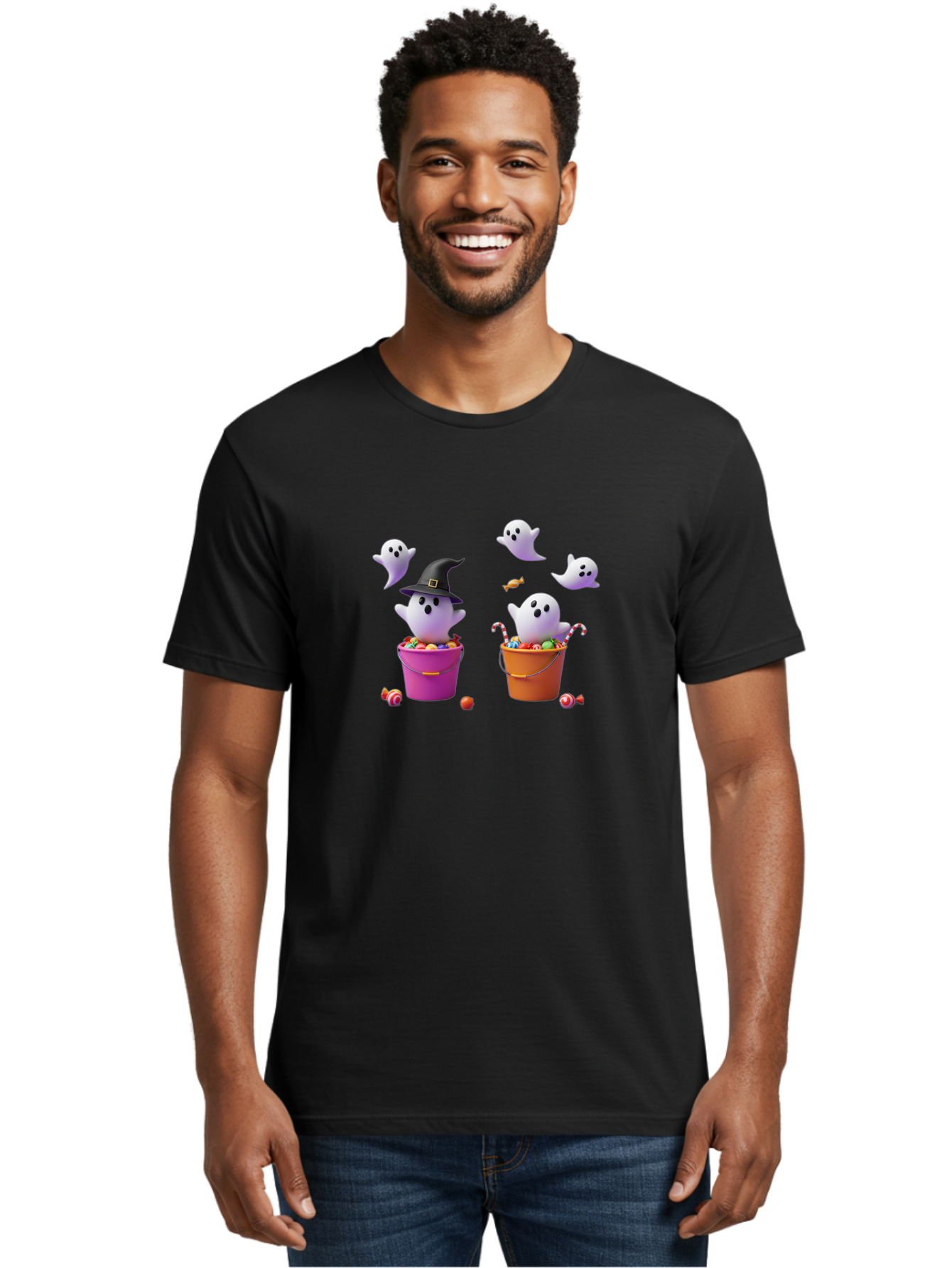 Ghosts-And-Buckets Men'S Graphic Tee, 100% Cotton, Comfortable Casual Summer Wear, Machine Washable, Halloween Ghosts, Candy-Filled Buckets, Witch Hat, Halloween Treats, Trick-Or-Treat, Spooky Decorations, Cartoon Style, Festive Atmosphere Bad137