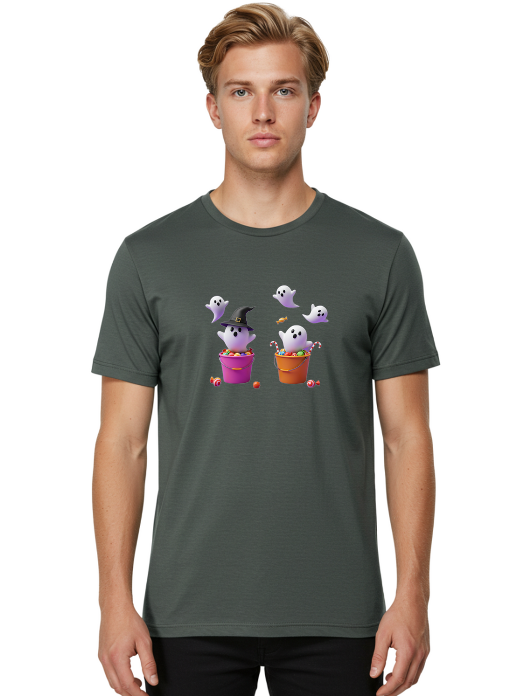 Ghosts-And-Buckets Men'S Graphic Tee, 100% Cotton, Comfortable Casual Summer Wear, Machine Washable, Halloween Ghosts, Candy-Filled Buckets, Witch Hat, Halloween Treats, Trick-Or-Treat, Spooky Decorations, Cartoon Style, Festive Atmosphere Bad137