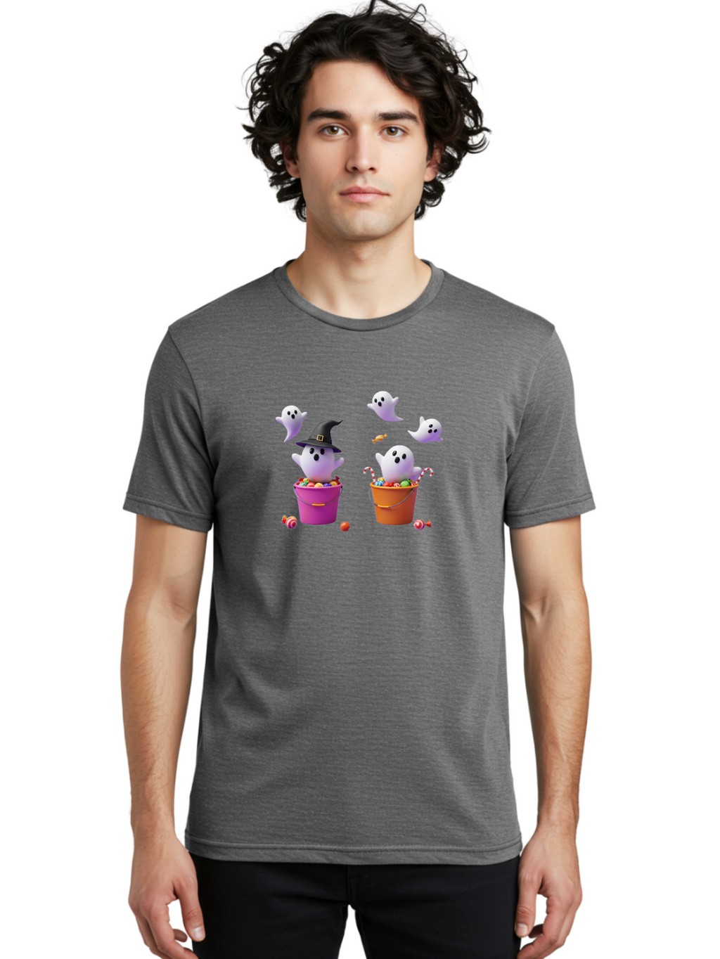 Ghosts-And-Buckets Men'S Graphic Tee, 100% Cotton, Comfortable Casual Summer Wear, Machine Washable, Halloween Ghosts, Candy-Filled Buckets, Witch Hat, Halloween Treats, Trick-Or-Treat, Spooky Decorations, Cartoon Style, Festive Atmosphere Bad137