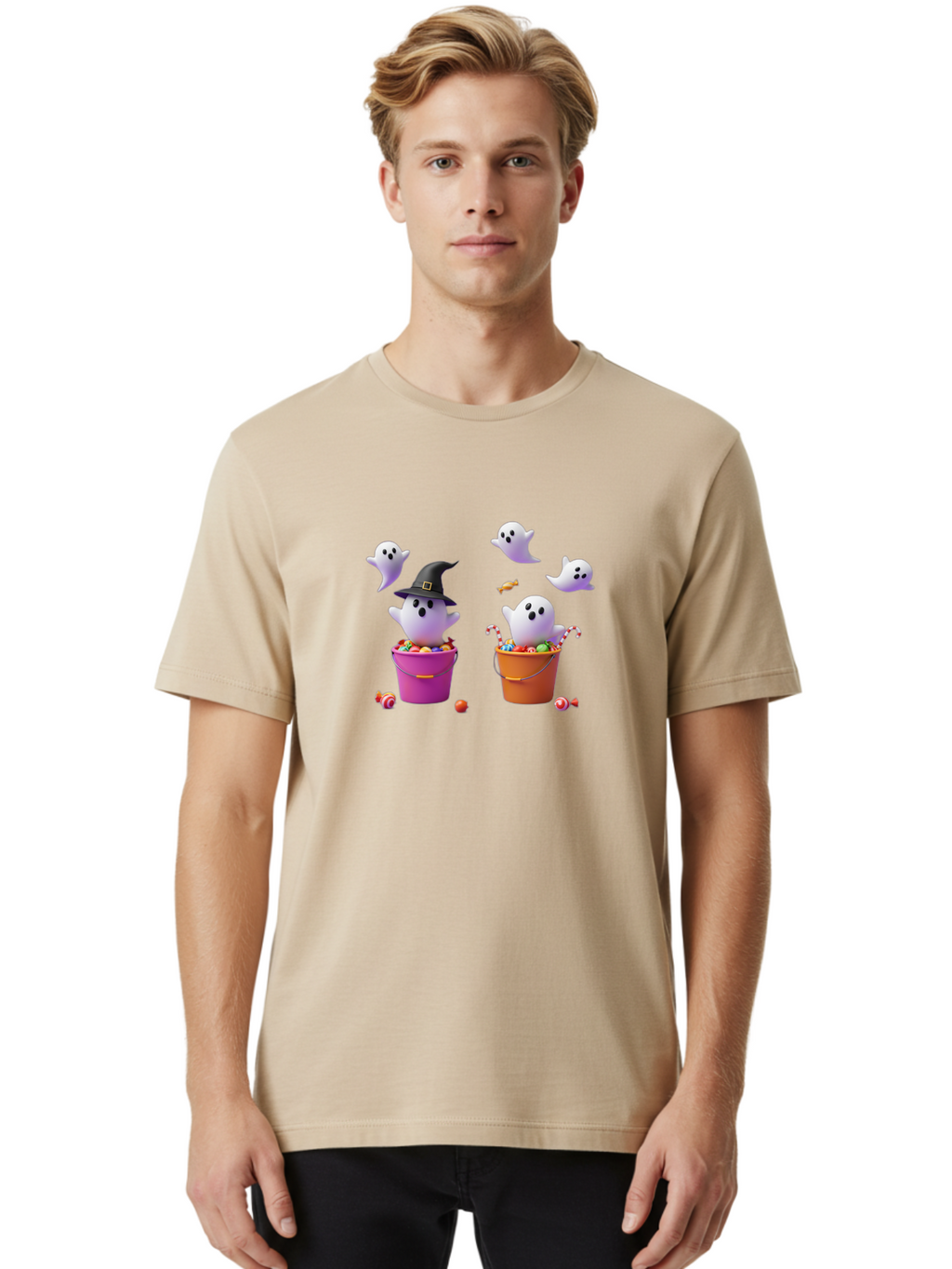 Ghosts-And-Buckets Men'S Graphic Tee, 100% Cotton, Comfortable Casual Summer Wear, Machine Washable, Halloween Ghosts, Candy-Filled Buckets, Witch Hat, Halloween Treats, Trick-Or-Treat, Spooky Decorations, Cartoon Style, Festive Atmosphere Bad137