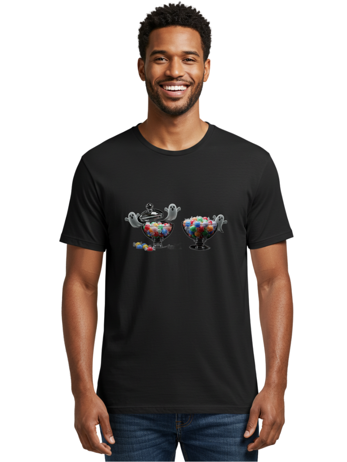 Ghosts-And-Gummies Men'S Graphic Tee, 100% Cotton, Comfortable Casual Summer Wear, Machine Washable, Candy Jars, Colorful Gummies, Halloween Treats, Jelly Beans, Ghostly Figures, Spooky Decorations, Candy Dish, Gummy Candies, Sweet Treats, Bad138