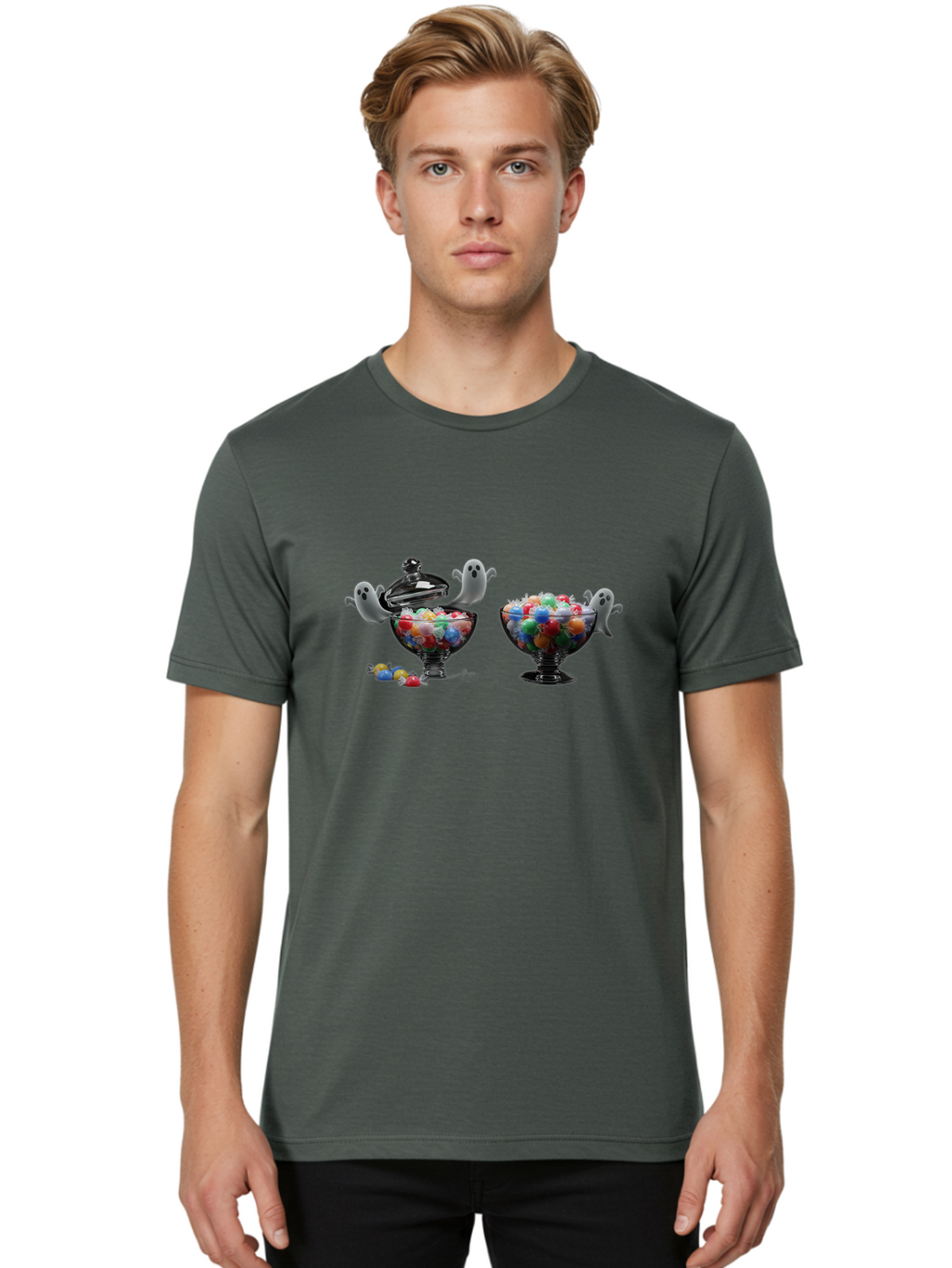 Ghosts-And-Gummies Men'S Graphic Tee, 100% Cotton, Comfortable Casual Summer Wear, Machine Washable, Candy Jars, Colorful Gummies, Halloween Treats, Jelly Beans, Ghostly Figures, Spooky Decorations, Candy Dish, Gummy Candies, Sweet Treats, Bad138