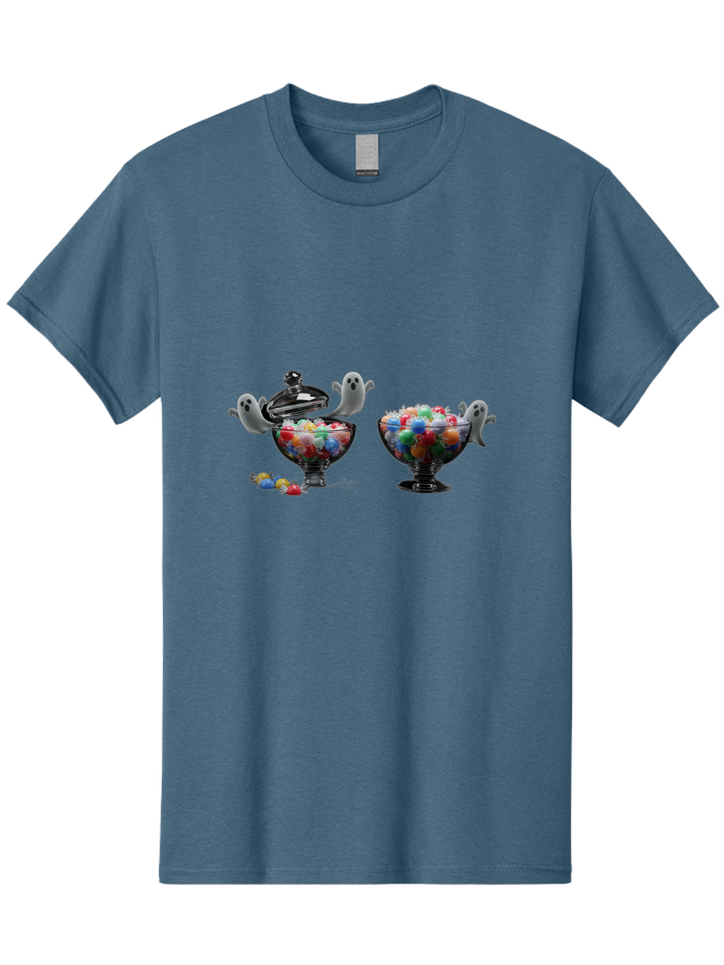 Ghosts-And-Gummies Men'S Graphic Tee, 100% Cotton, Comfortable Casual Summer Wear, Machine Washable, Candy Jars, Colorful Gummies, Halloween Treats, Jelly Beans, Ghostly Figures, Spooky Decorations, Candy Dish, Gummy Candies, Sweet Treats, Bad138