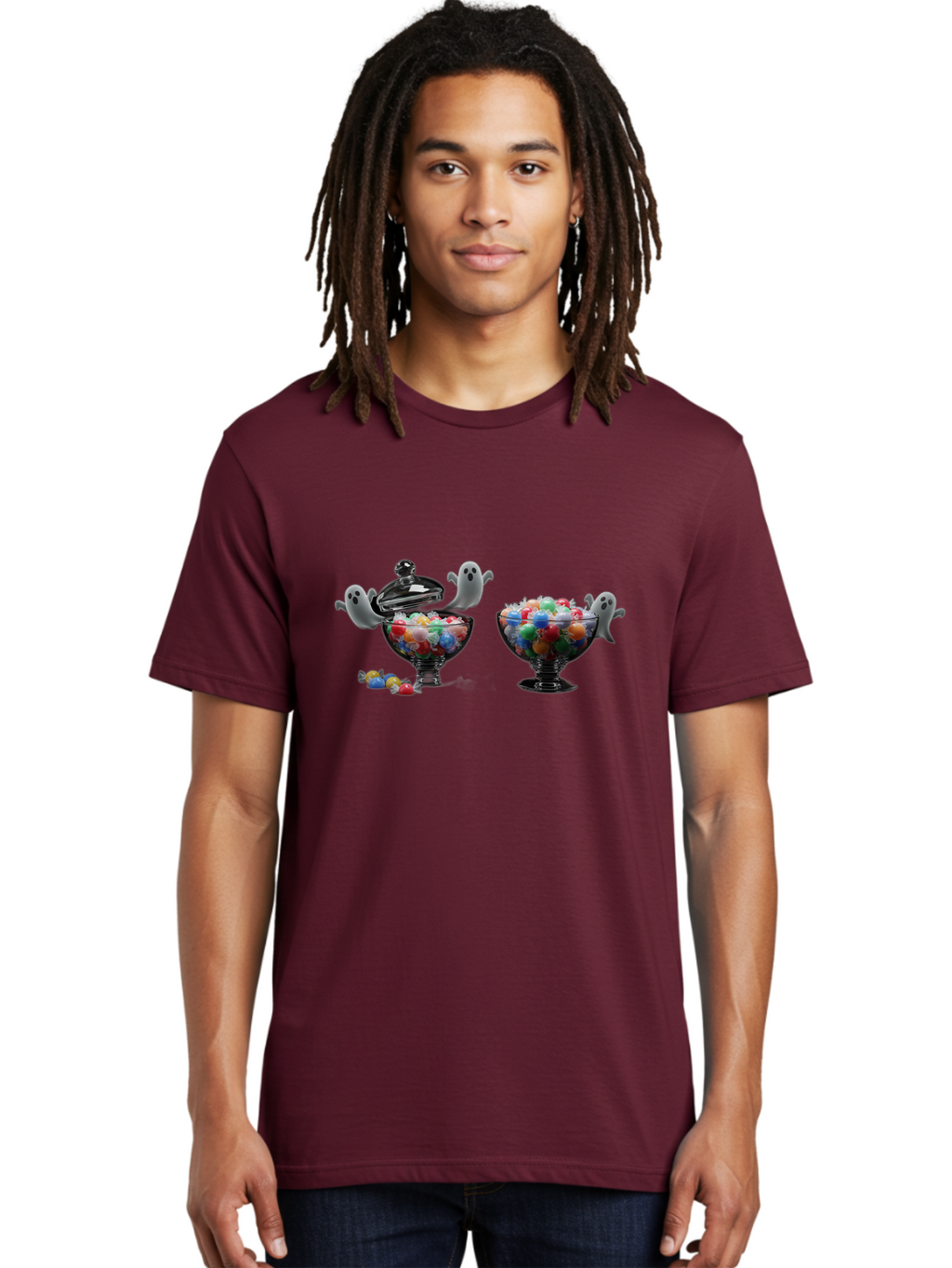 Ghosts-And-Gummies Men'S Graphic Tee, 100% Cotton, Comfortable Casual Summer Wear, Machine Washable, Candy Jars, Colorful Gummies, Halloween Treats, Jelly Beans, Ghostly Figures, Spooky Decorations, Candy Dish, Gummy Candies, Sweet Treats, Bad138