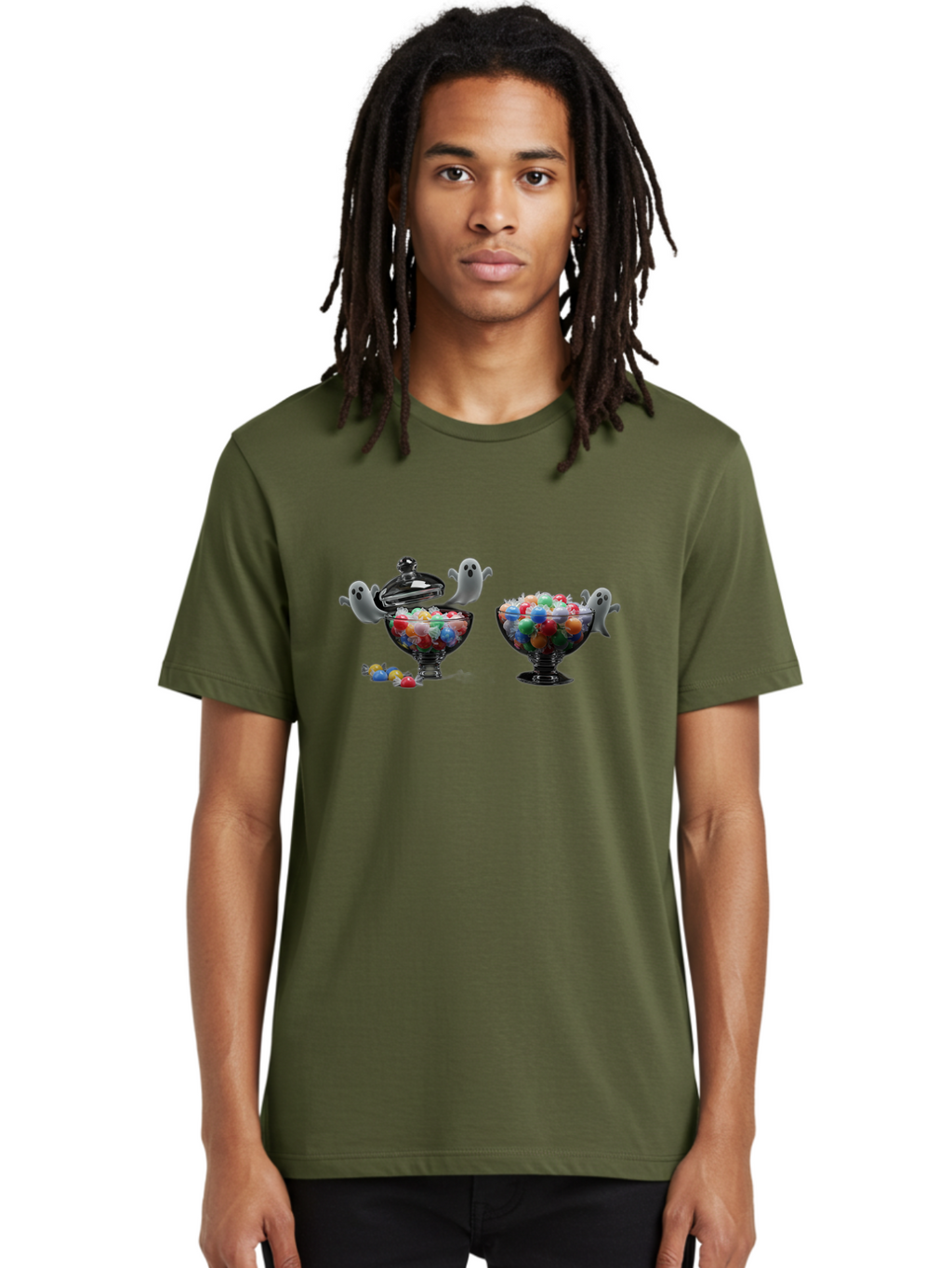 Ghosts-And-Gummies Men'S Graphic Tee, 100% Cotton, Comfortable Casual Summer Wear, Machine Washable, Candy Jars, Colorful Gummies, Halloween Treats, Jelly Beans, Ghostly Figures, Spooky Decorations, Candy Dish, Gummy Candies, Sweet Treats, Bad138