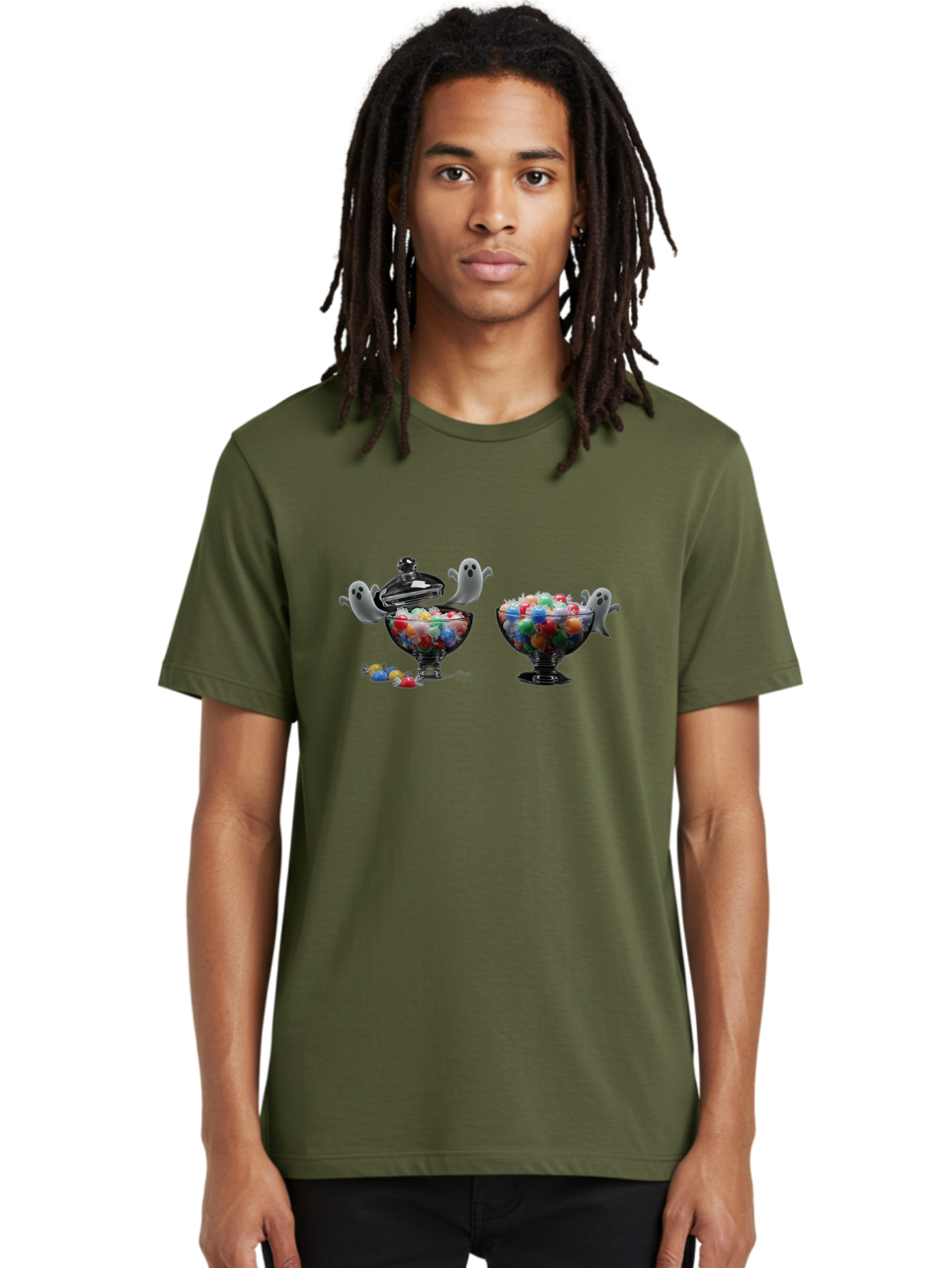 Ghosts-And-Gummies Men'S Graphic Tee, 100% Cotton, Comfortable Casual Summer Wear, Machine Washable, Candy Jars, Colorful Gummies, Halloween Treats, Jelly Beans, Ghostly Figures, Spooky Decorations, Candy Dish, Gummy Candies, Sweet Treats, Bad138