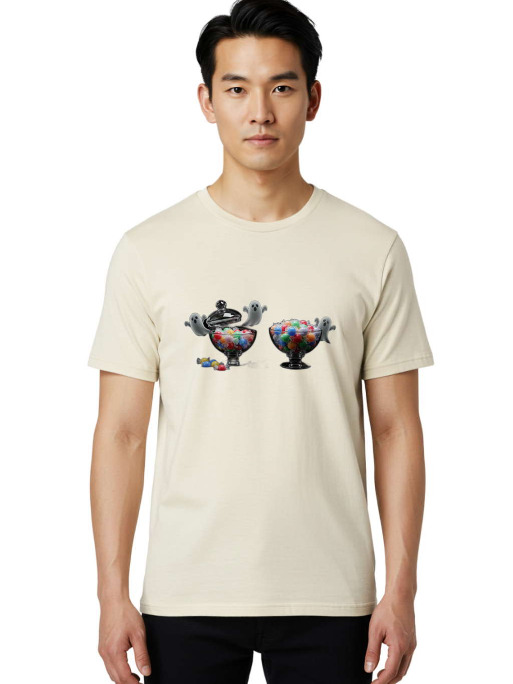Ghosts-And-Gummies Men'S Graphic Tee, 100% Cotton, Comfortable Casual Summer Wear, Machine Washable, Candy Jars, Colorful Gummies, Halloween Treats, Jelly Beans, Ghostly Figures, Spooky Decorations, Candy Dish, Gummy Candies, Sweet Treats, Bad138