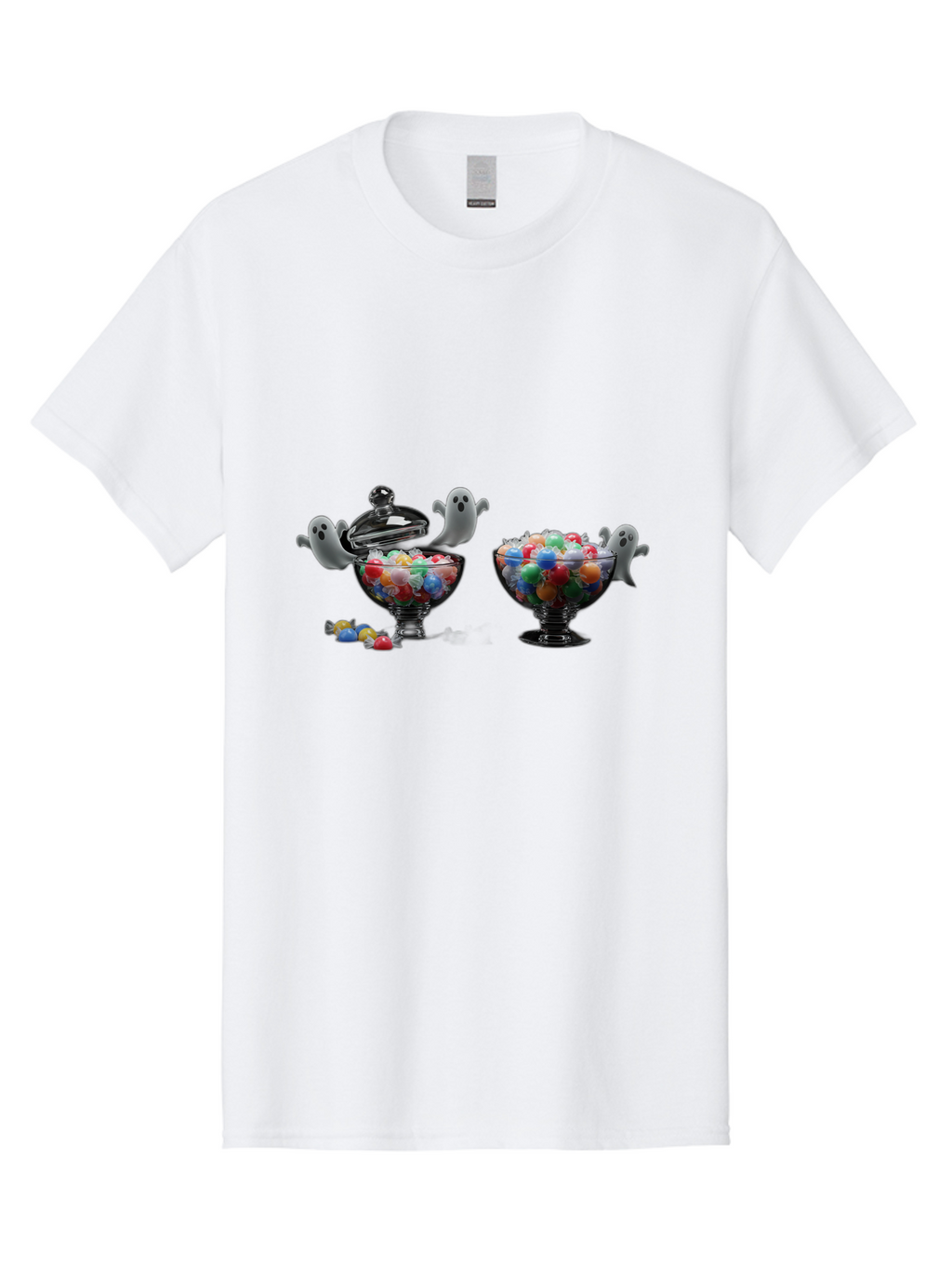 Ghosts-And-Gummies Men'S Graphic Tee, 100% Cotton, Comfortable Casual Summer Wear, Machine Washable, Candy Jars, Colorful Gummies, Halloween Treats, Jelly Beans, Ghostly Figures, Spooky Decorations, Candy Dish, Gummy Candies, Sweet Treats, Bad138