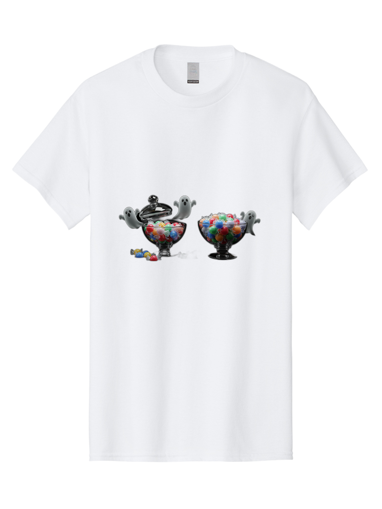 Ghosts-And-Gummies Men'S Graphic Tee, 100% Cotton, Comfortable Casual Summer Wear, Machine Washable, Candy Jars, Colorful Gummies, Halloween Treats, Jelly Beans, Ghostly Figures, Spooky Decorations, Candy Dish, Gummy Candies, Sweet Treats, Bad138