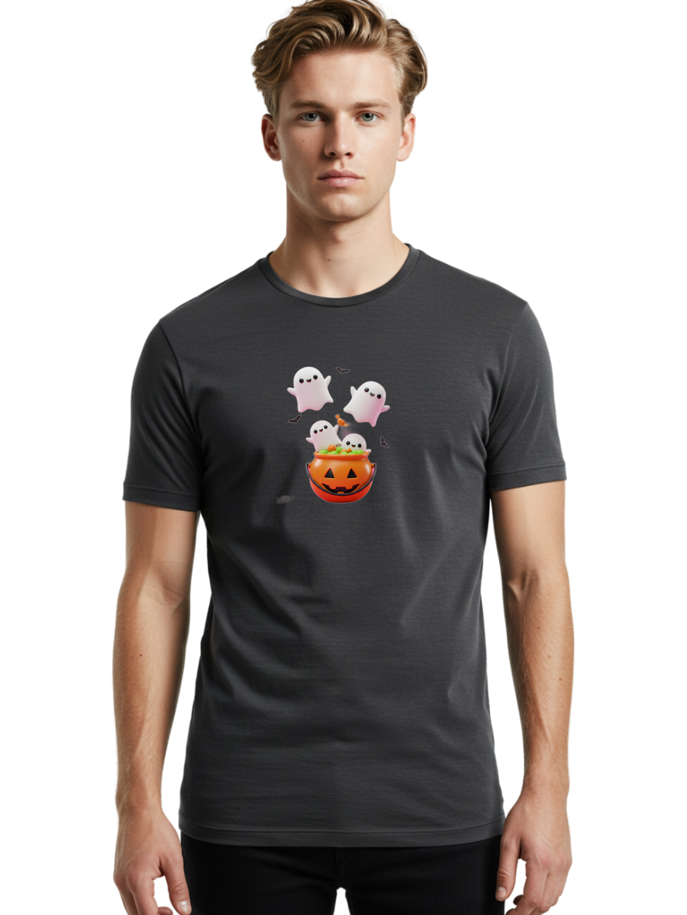 Ghosts-And-Jack-O-Lantern Men'S Graphic Tee, 100% Cotton, Comfortable Casual Summer Wear, Machine Washable, Halloween Ghosts, Candy Bucket, Pumpkin Decoration, Spooky Atmosphere, Cartoon-Style Illustration, Halloween Treats, Bad139