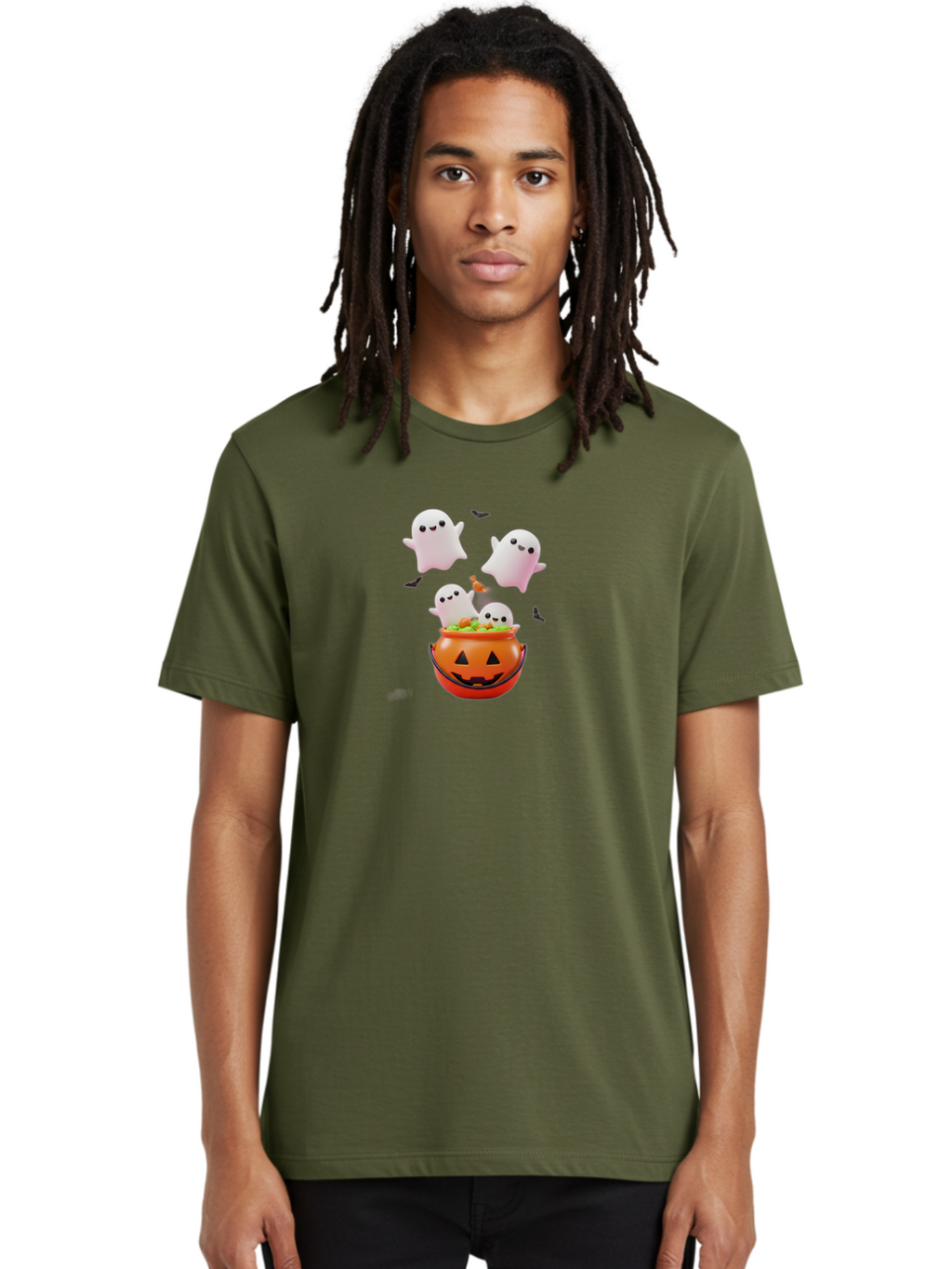 Ghosts-And-Jack-O-Lantern Men'S Graphic Tee, 100% Cotton, Comfortable Casual Summer Wear, Machine Washable, Halloween Ghosts, Candy Bucket, Pumpkin Decoration, Spooky Atmosphere, Cartoon-Style Illustration, Halloween Treats, Bad139
