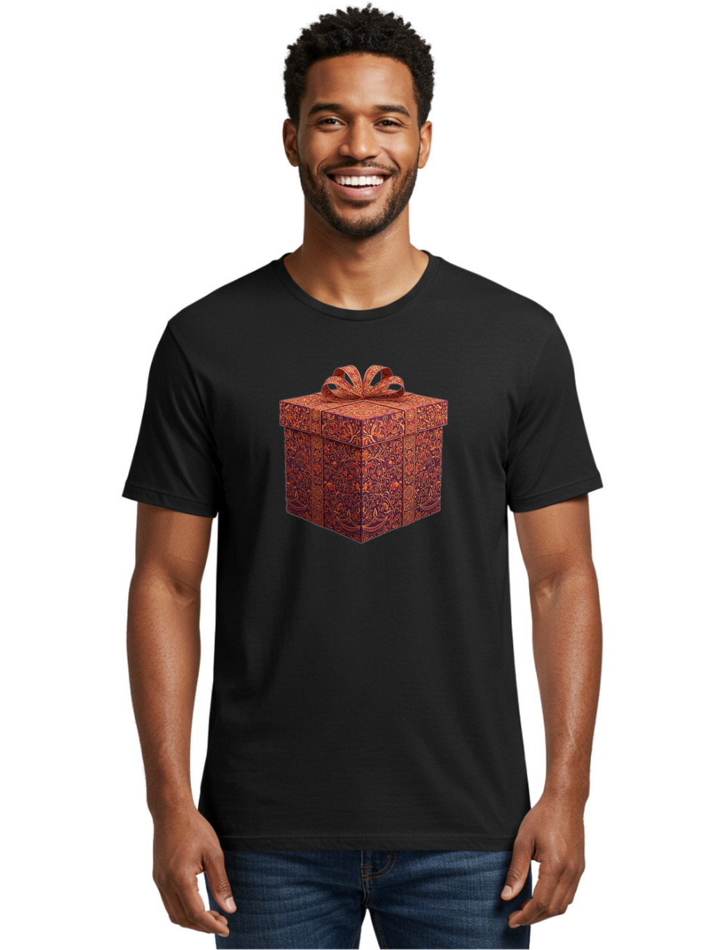 Gift-Box-1 Men'S Graphic Tee, 100% Cotton, Comfortable Casual Summer Wear, Machine Washable, Gift Box With Ribbon, Luxury Gift Wrapping, Red And Orange Floral Pattern, Beautiful Presentation, Intricate Designs, Gift Giving, Special Occasion Bad140