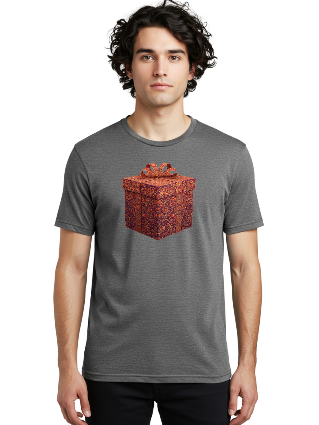 Gift-Box-1 Men'S Graphic Tee, 100% Cotton, Comfortable Casual Summer Wear, Machine Washable, Gift Box With Ribbon, Luxury Gift Wrapping, Red And Orange Floral Pattern, Beautiful Presentation, Intricate Designs, Gift Giving, Special Occasion Bad140