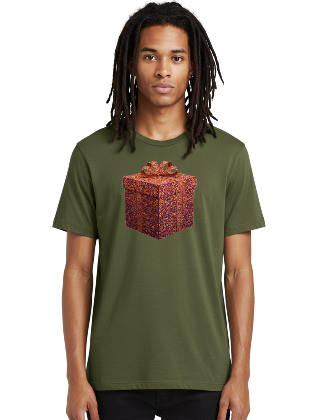 Gift-Box-1 Men'S Graphic Tee, 100% Cotton, Comfortable Casual Summer Wear, Machine Washable, Gift Box With Ribbon, Luxury Gift Wrapping, Red And Orange Floral Pattern, Beautiful Presentation, Intricate Designs, Gift Giving, Special Occasion Bad140