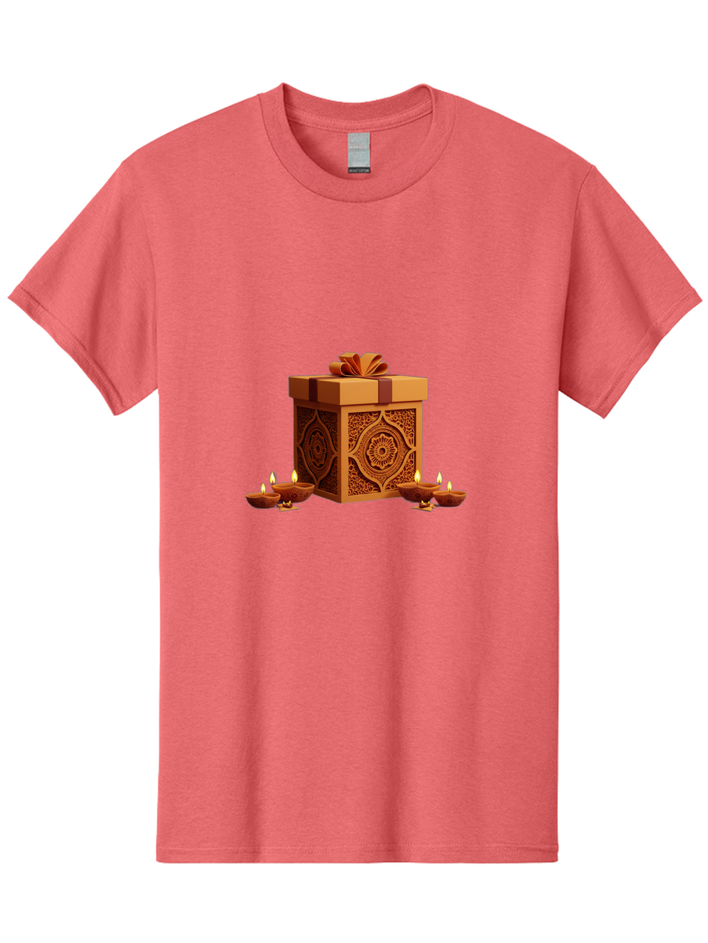 Gift-Box-With-Diyas-1 Men'S Graphic Tee, 100% Cotton, Comfortable Casual Summer Wear, Machine Washable, Gift Box, Diyas, Diwali Decorations, Traditional Indian Lamps, Festive Atmosphere, Golden Gift, Intricate Designs, Celebratory Ambiance, Bad141