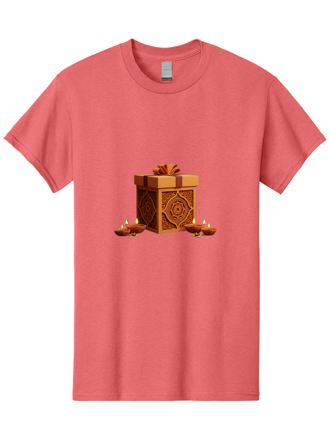 Gift-Box-With-Diyas-1 Men'S Graphic Tee, 100% Cotton, Comfortable Casual Summer Wear, Machine Washable, Gift Box, Diyas, Diwali Decorations, Traditional Indian Lamps, Festive Atmosphere, Golden Gift, Intricate Designs, Celebratory Ambiance, Bad141