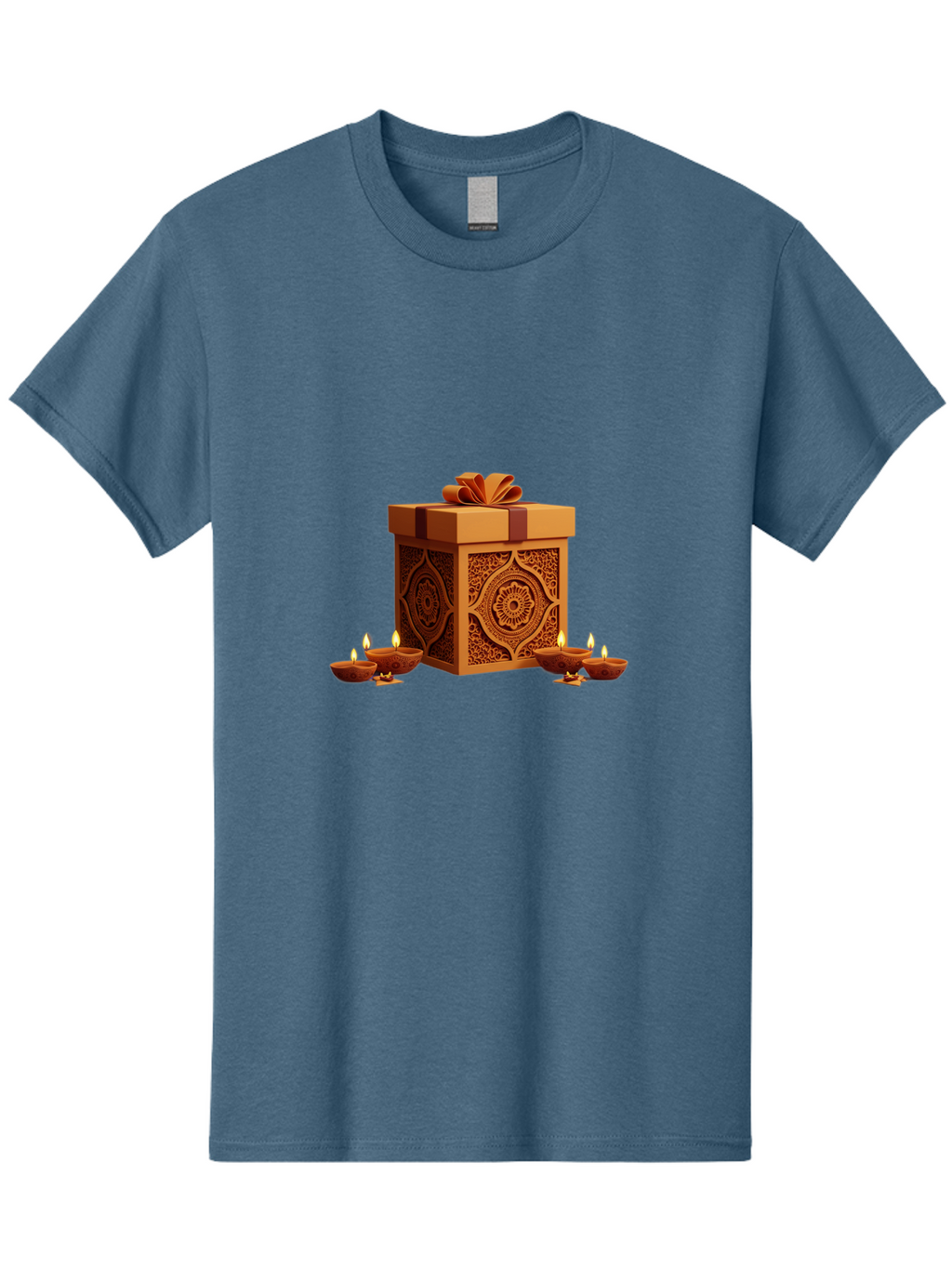 Gift-Box-With-Diyas-1 Men'S Graphic Tee, 100% Cotton, Comfortable Casual Summer Wear, Machine Washable, Gift Box, Diyas, Diwali Decorations, Traditional Indian Lamps, Festive Atmosphere, Golden Gift, Intricate Designs, Celebratory Ambiance, Bad141