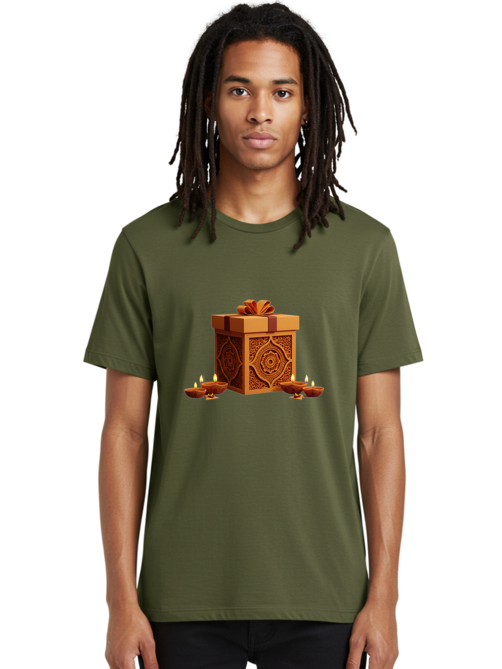 Gift-Box-With-Diyas-1 Men'S Graphic Tee, 100% Cotton, Comfortable Casual Summer Wear, Machine Washable, Gift Box, Diyas, Diwali Decorations, Traditional Indian Lamps, Festive Atmosphere, Golden Gift, Intricate Designs, Celebratory Ambiance, Bad141